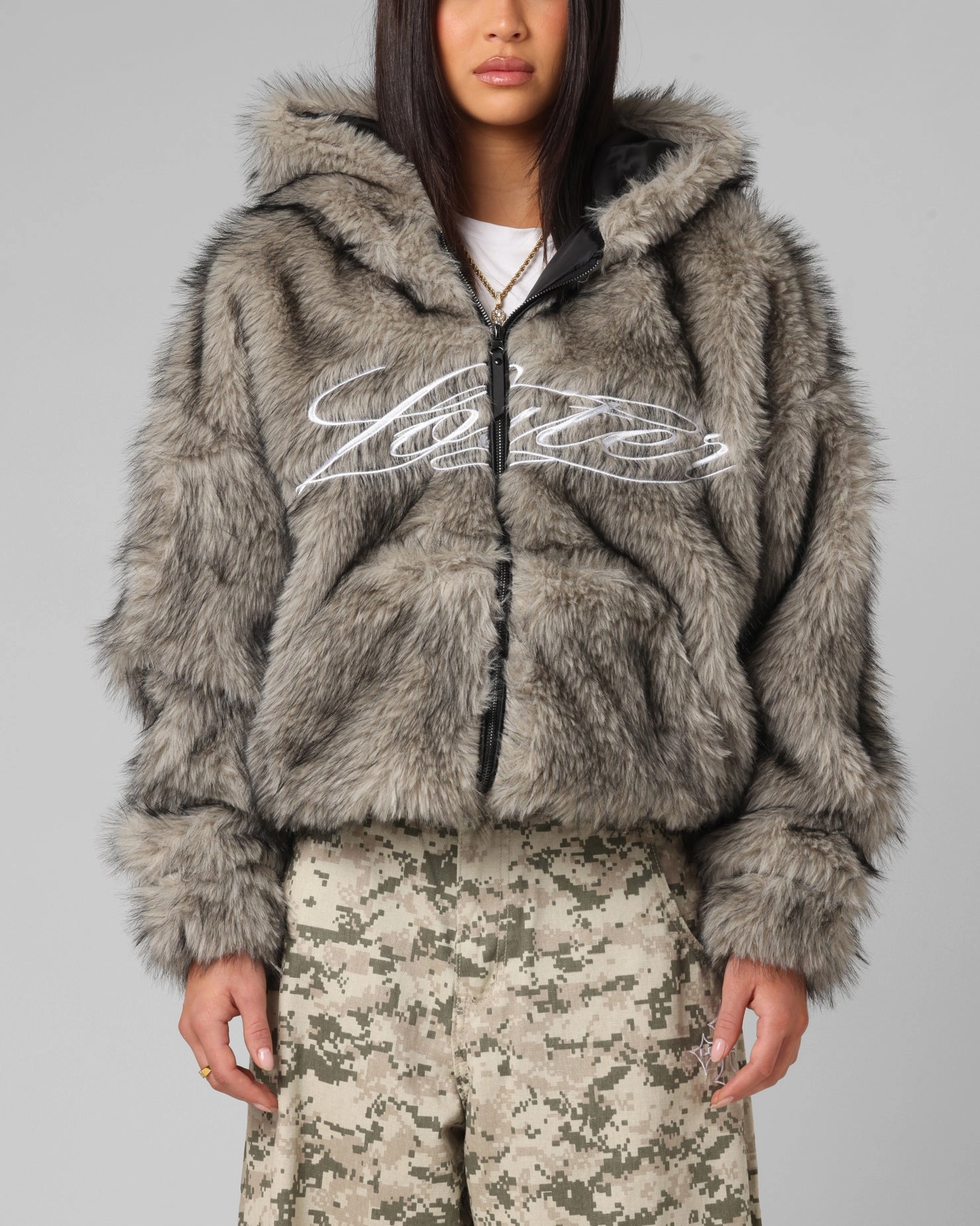 Dual Zip Functionality Loiter Faux Fur Hooded Jacket Off White