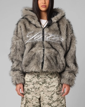 Dual Zip Functionality Loiter Faux Fur Hooded Jacket Off White