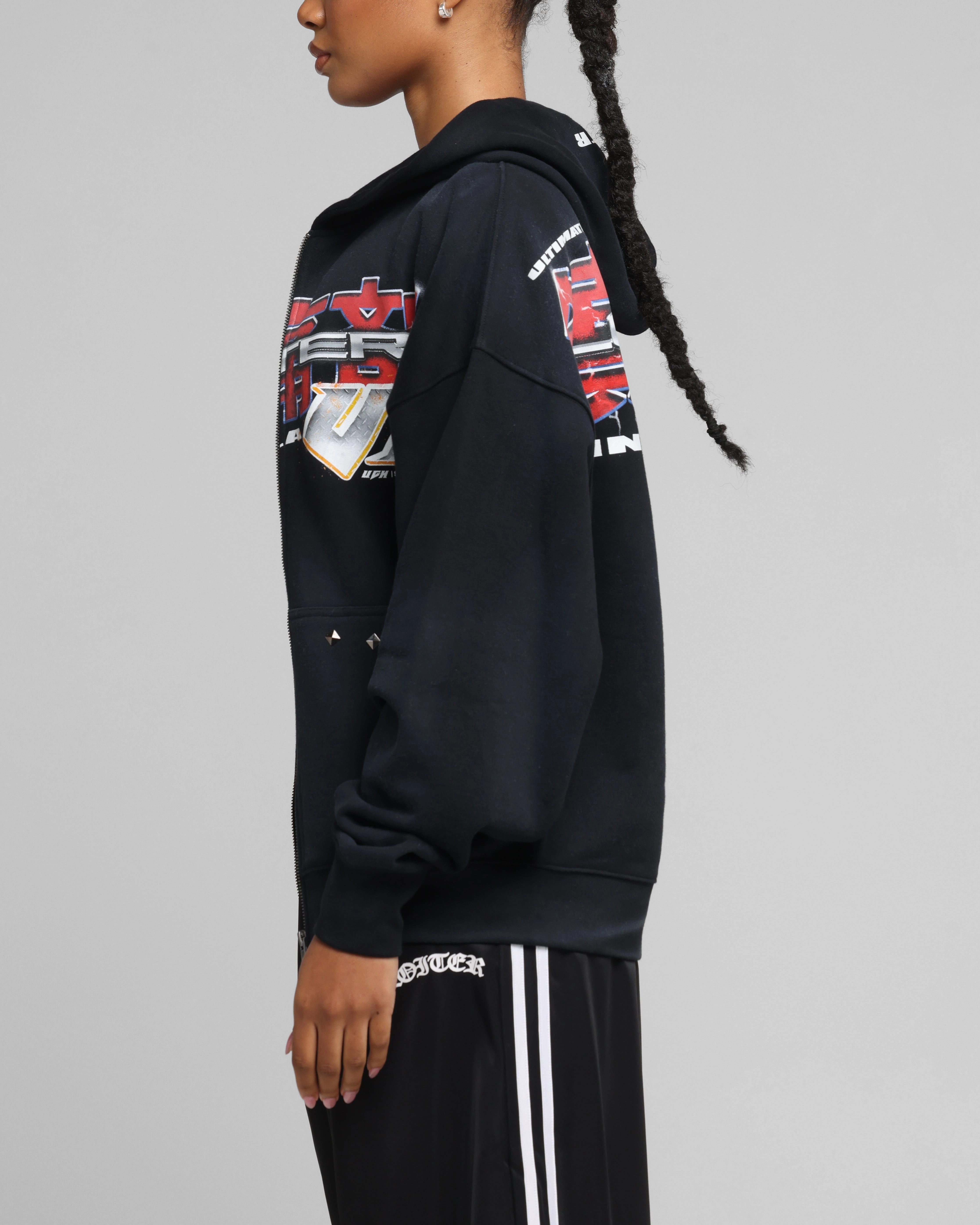 Souvenir Layered construction Loiter Fighter Zip Up Hoodie Washed Black