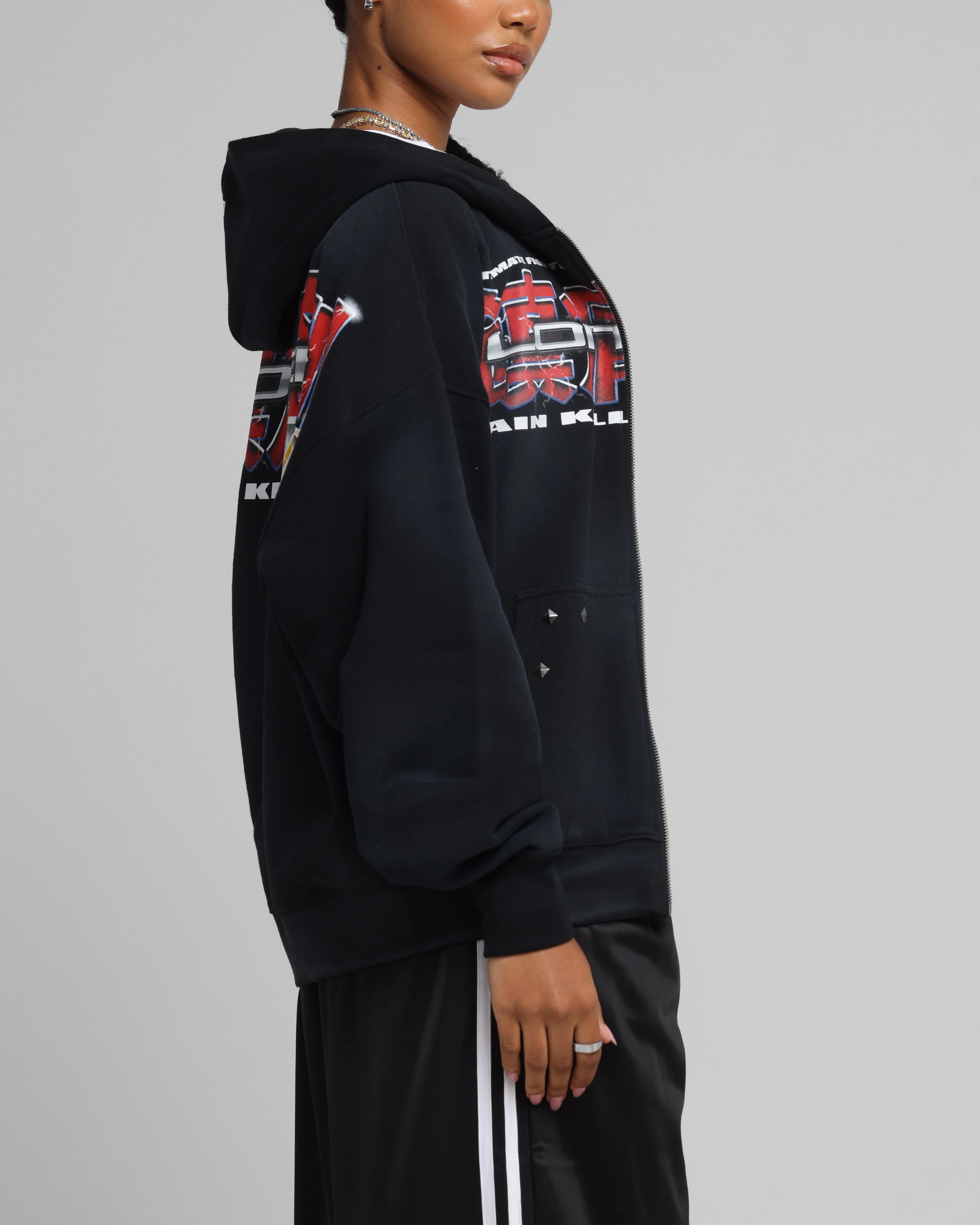 All-Purpose Jacket High Neck Loiter Fighter Zip Up Hoodie Washed Black