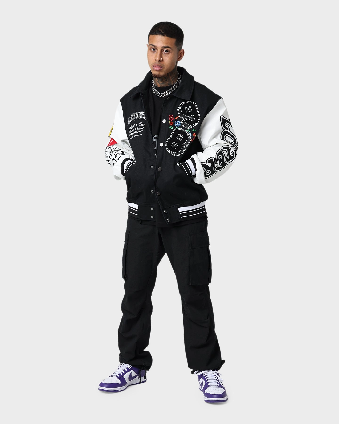Casual Style Loiter Flaws Varsity Jacket Black/White