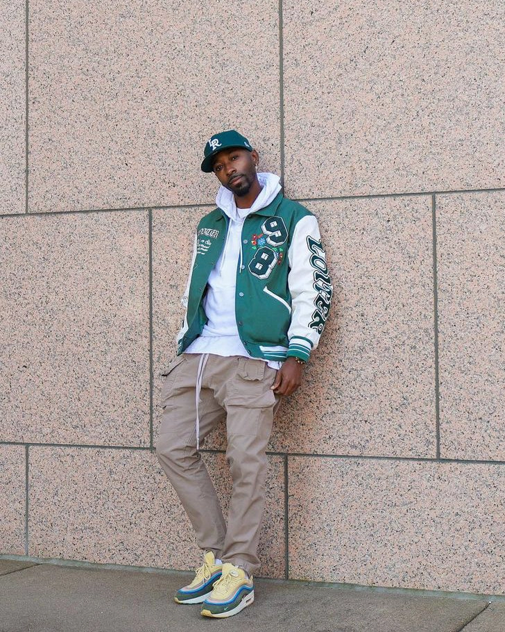 Casual Outdoor Layer New Year's Eve attire Loiter Flaws Varsity Jacket Green/Off White