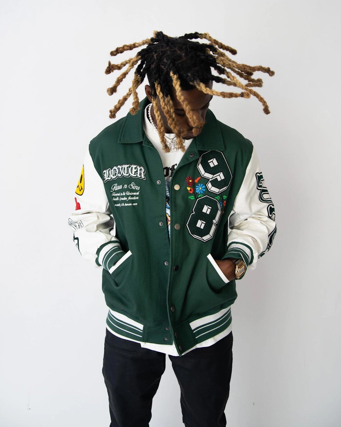 Loiter Flaws Varsity Jacket Green/Off White Learn