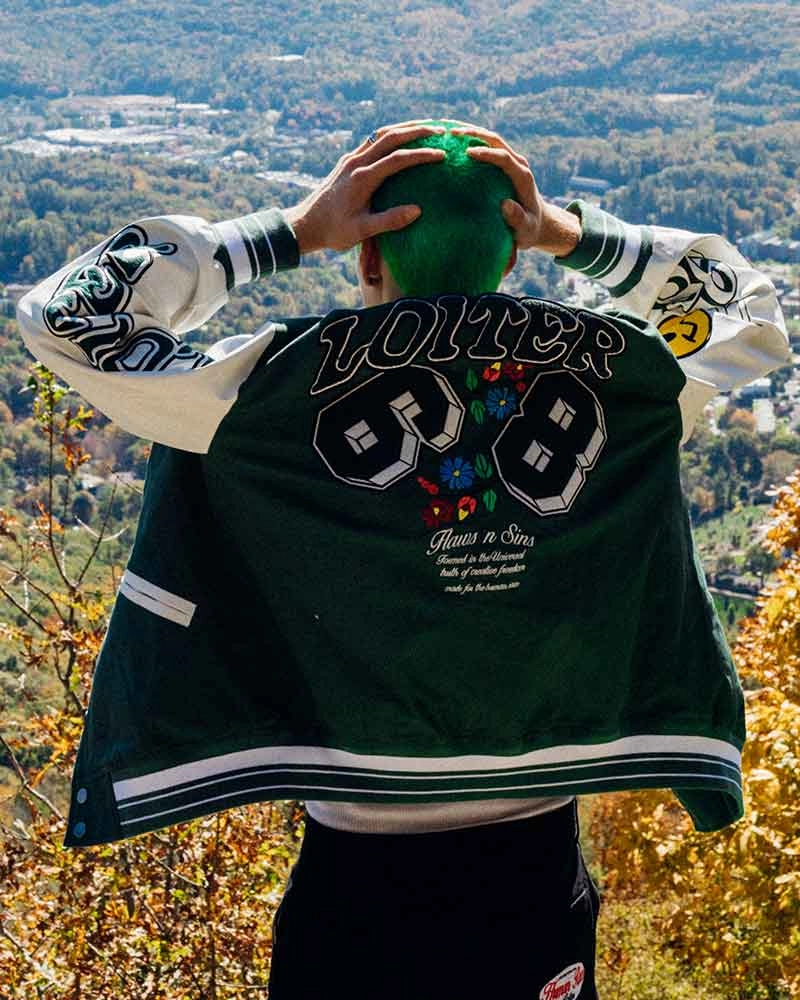 Flexible Shoulder Seams Loiter Flaws Varsity Jacket Green/Off White