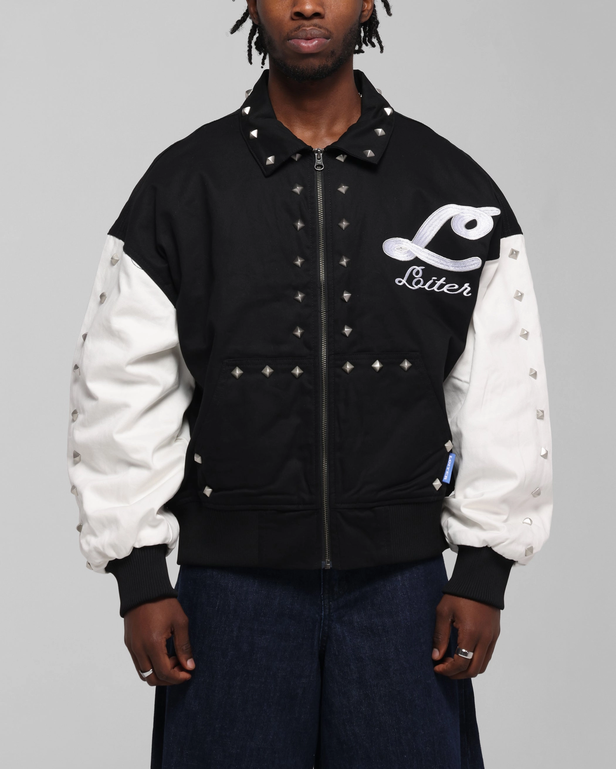 Loiter Frontier Varsity Jacket Black/Off White Wind Resistant Involve