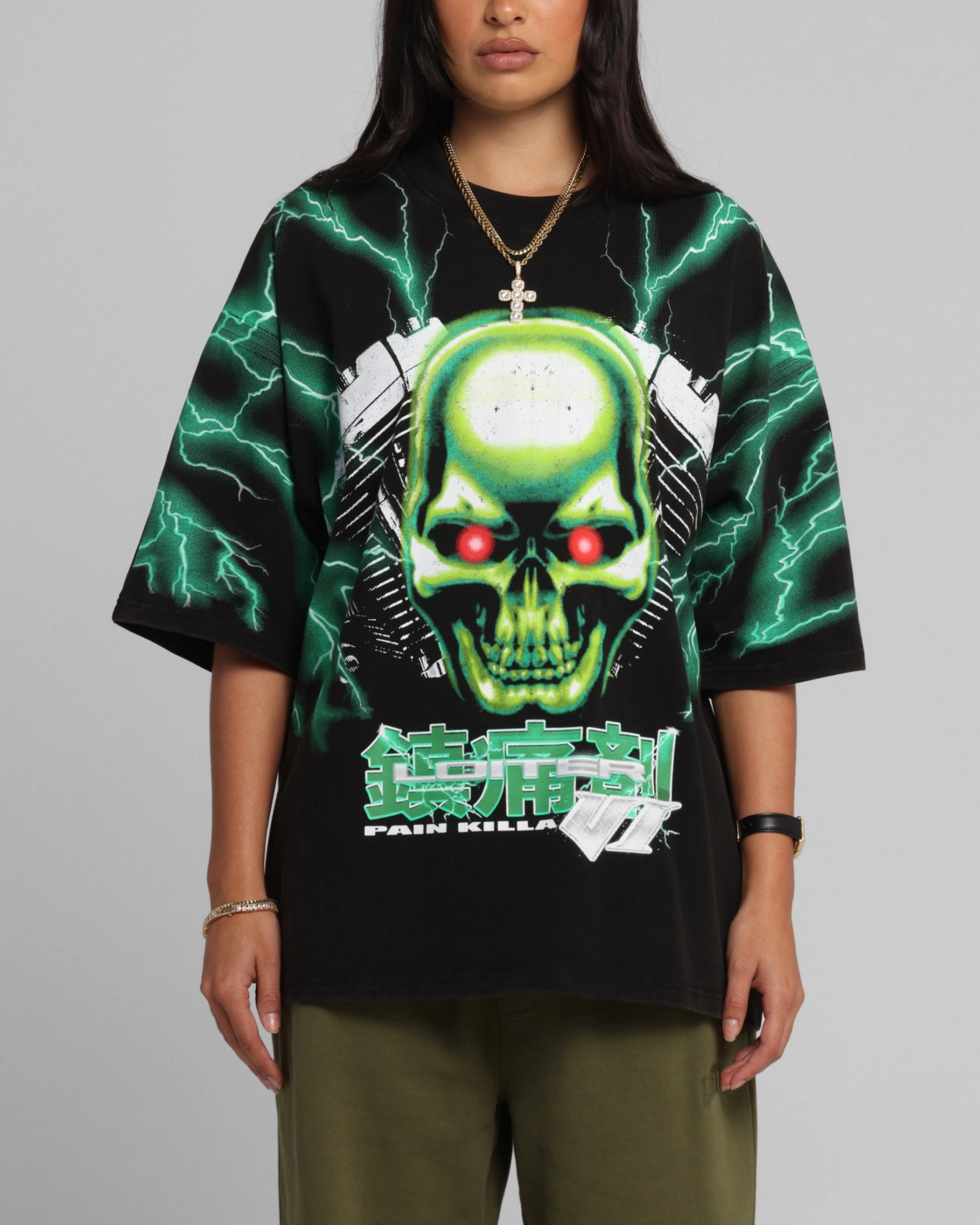 Elegant and Relaxed Loiter Greaser Vintage T-Shirt Black/Green