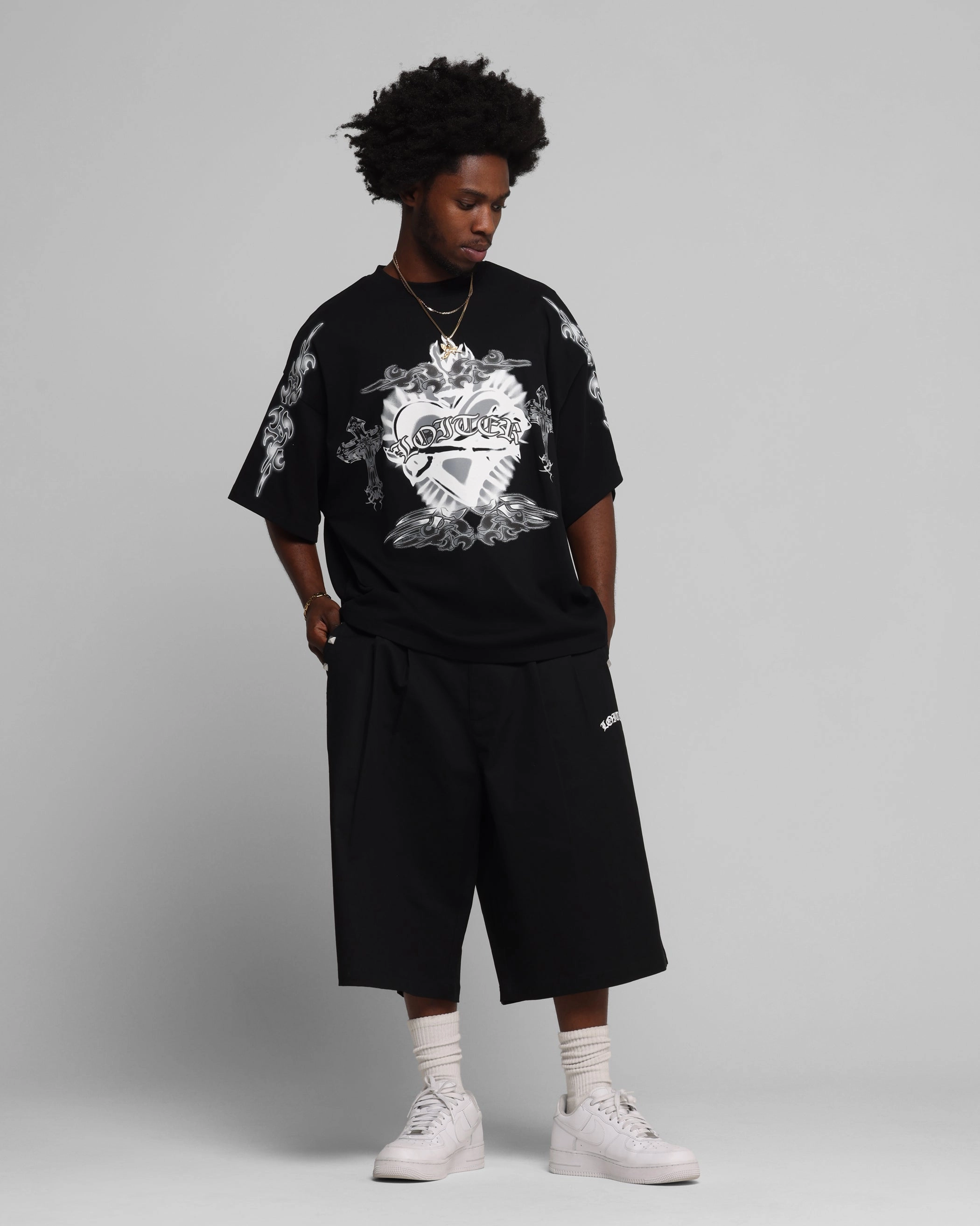 Loiter Hearts T-Shirt Black Short sleeved breeziness Quick Drying