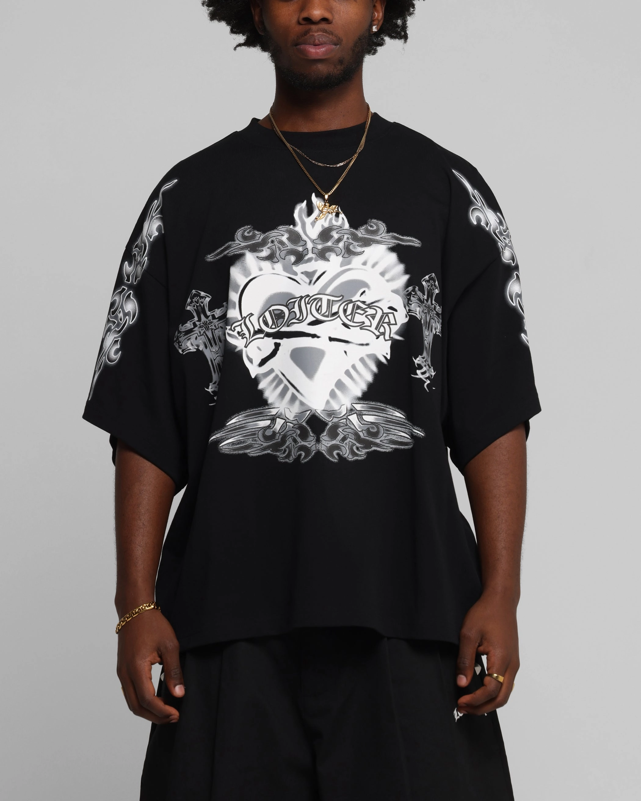 Loiter Hearts T-Shirt Black Active Comfort Style Layered Hem Detail