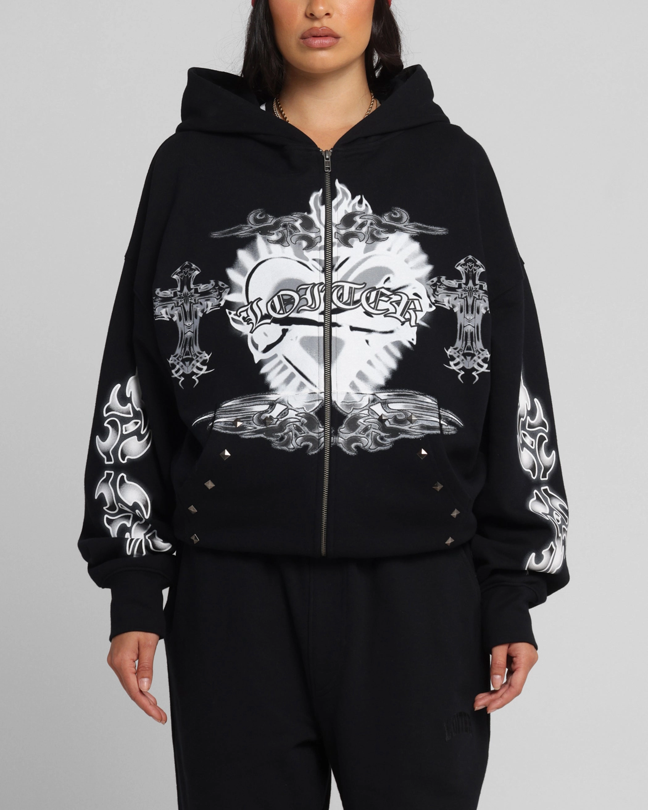 Loiter Hearts Zip Hoodie Black Cozy Core