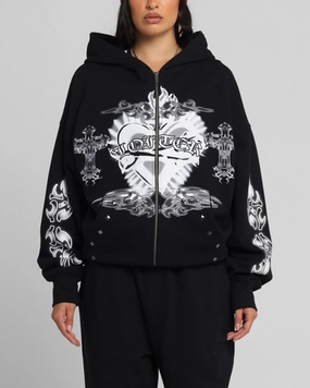 Loiter Hearts Zip Hoodie Black Cozy Core