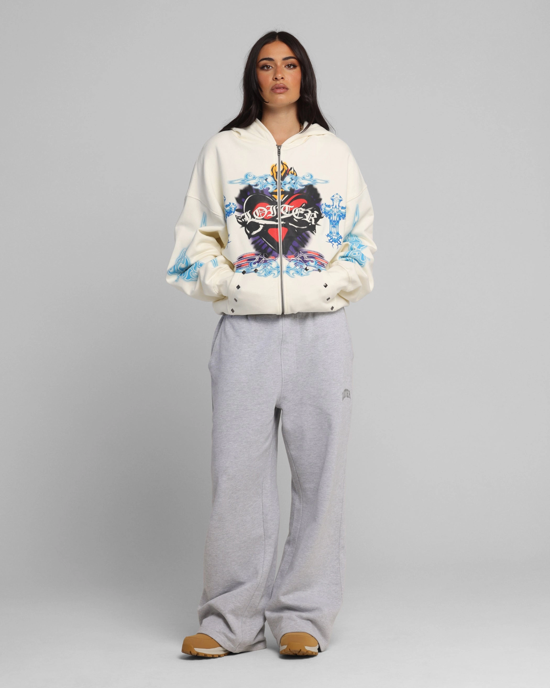 Bright Tones Men's Loiter Hearts Zip Hoodie Off White