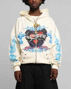 Heavy - duty Odor Resistant Material Loiter Hearts Zip Hoodie Off White