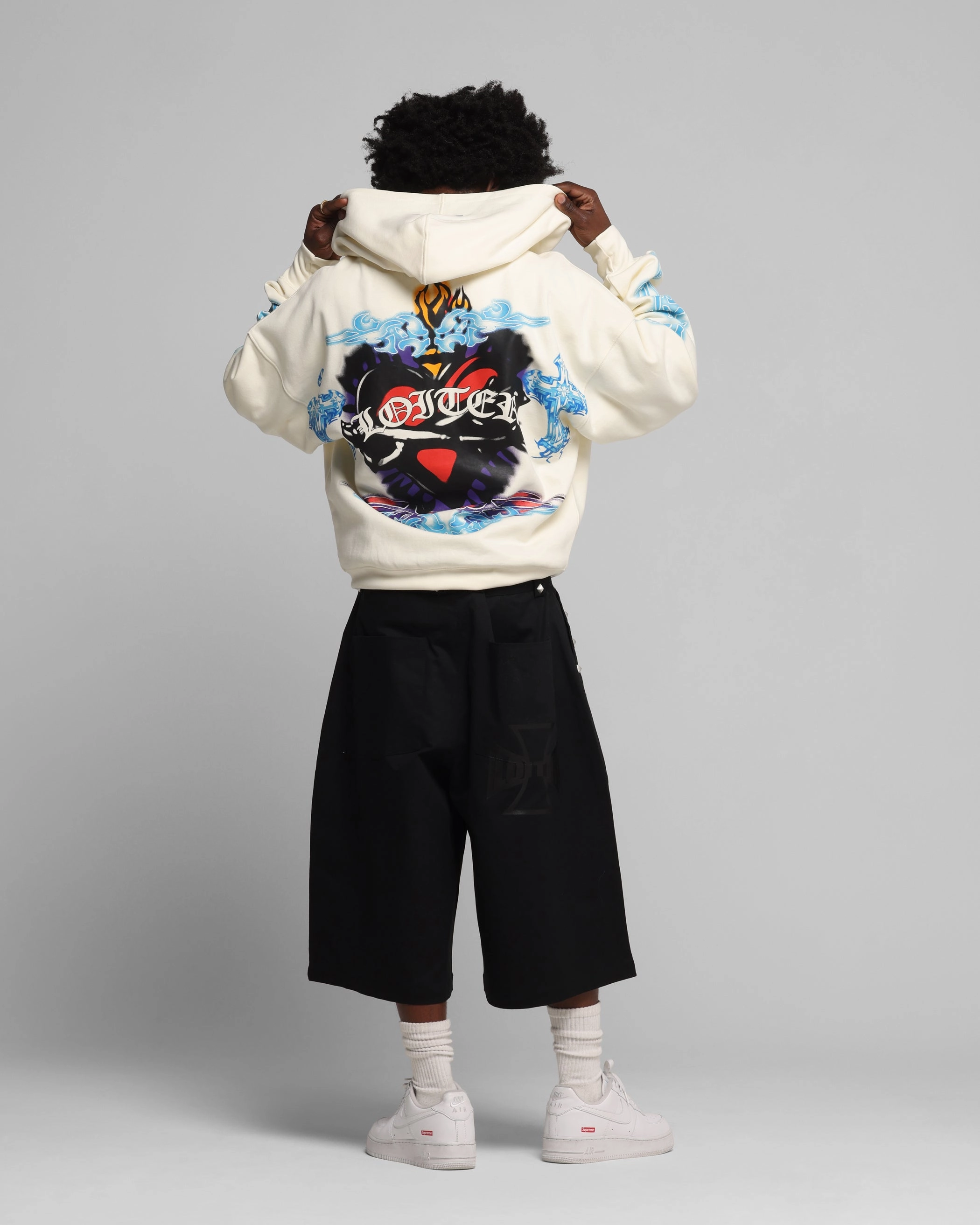 Drop Shoulder Cut Loiter Hearts Zip Hoodie Off White
