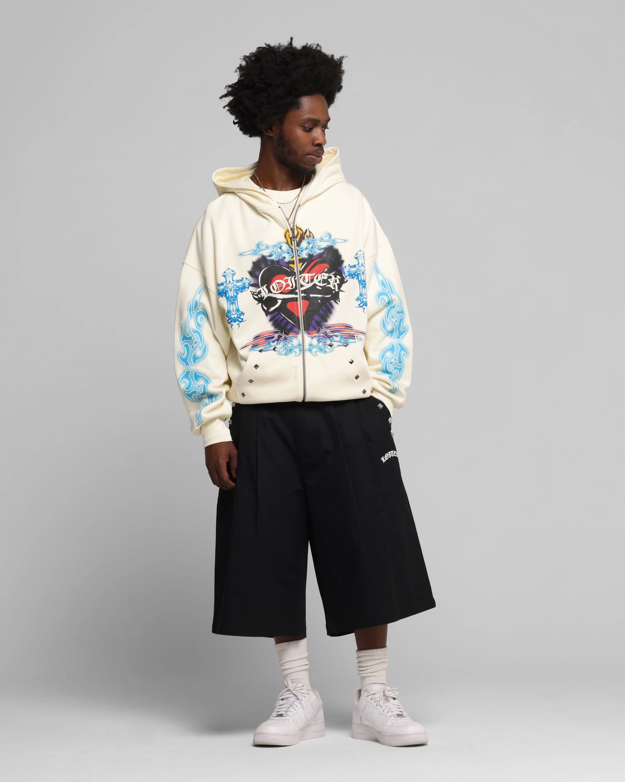 Loiter Hearts Zip Hoodie Off White horizontal placement