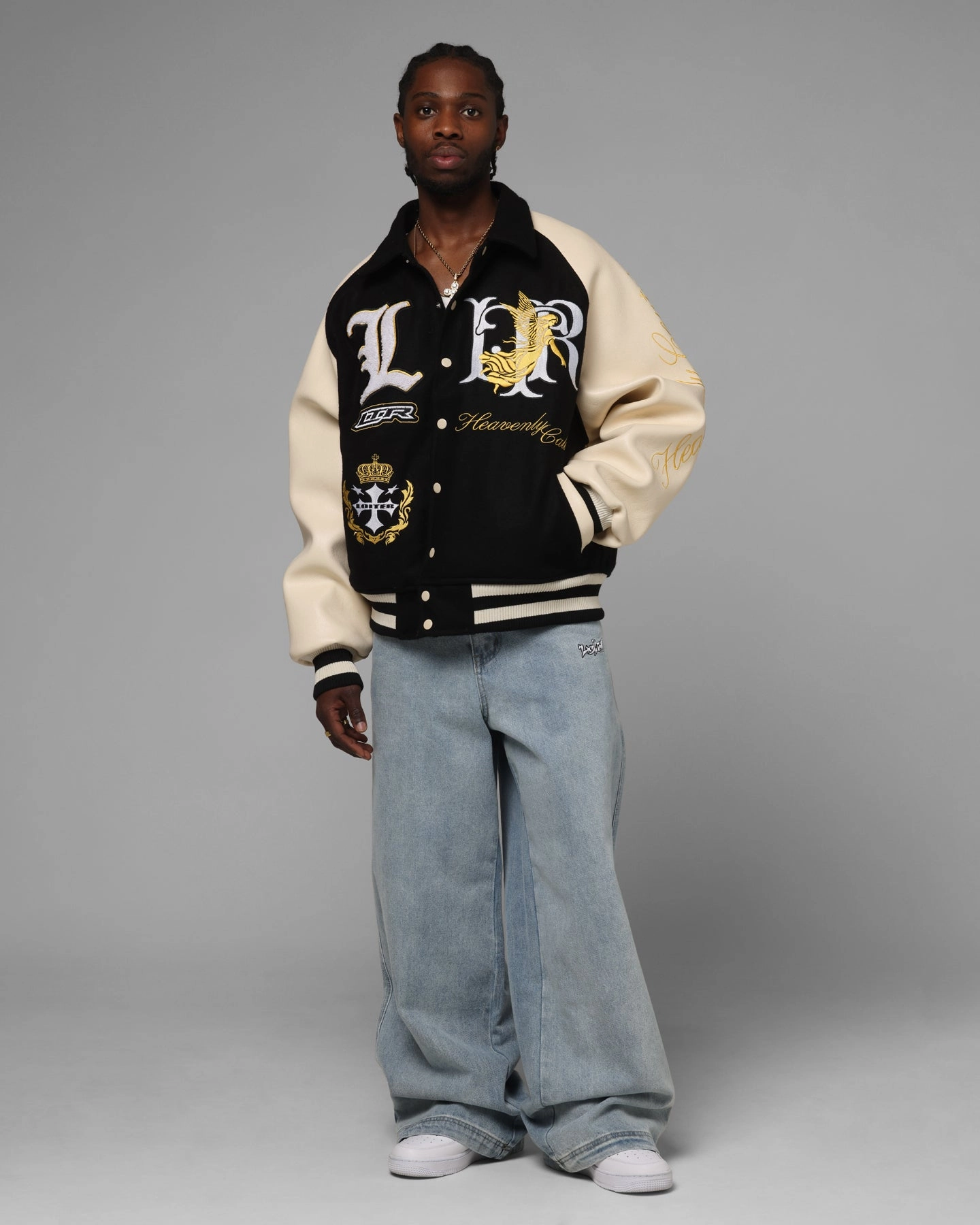 Loiter Heaven Varsity Jacket Black/Off White suitable for photography Reflective Detailing