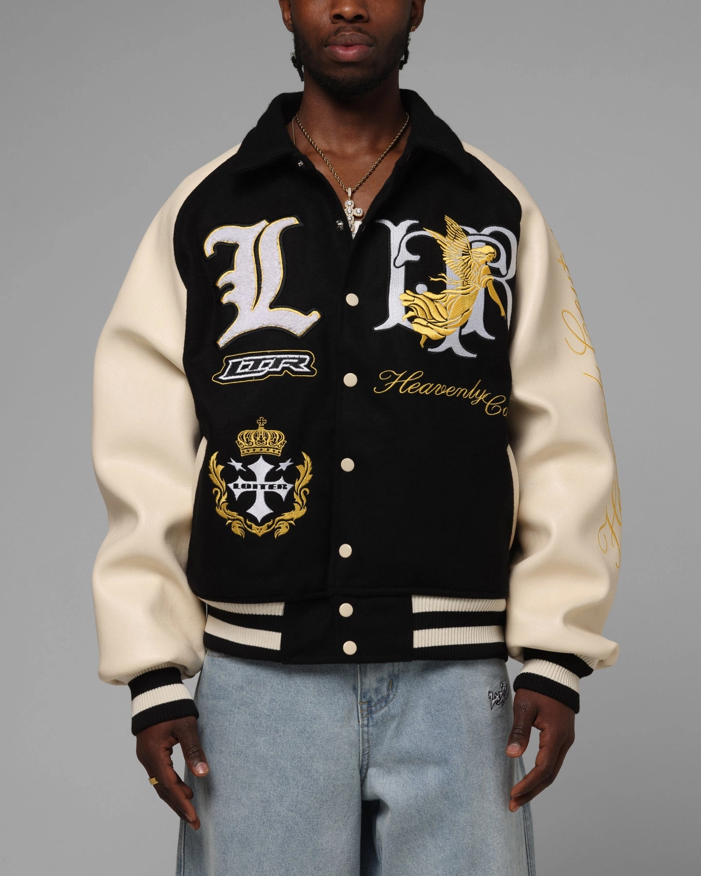 Loiter Heaven Varsity Jacket Black/Off White Neutral Secure Closures