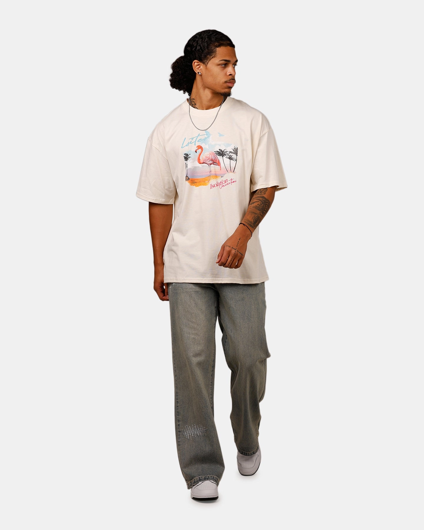 Layered Hem Detail Casual Vibes Loiter Isolation Vacation T-Shirt Off White