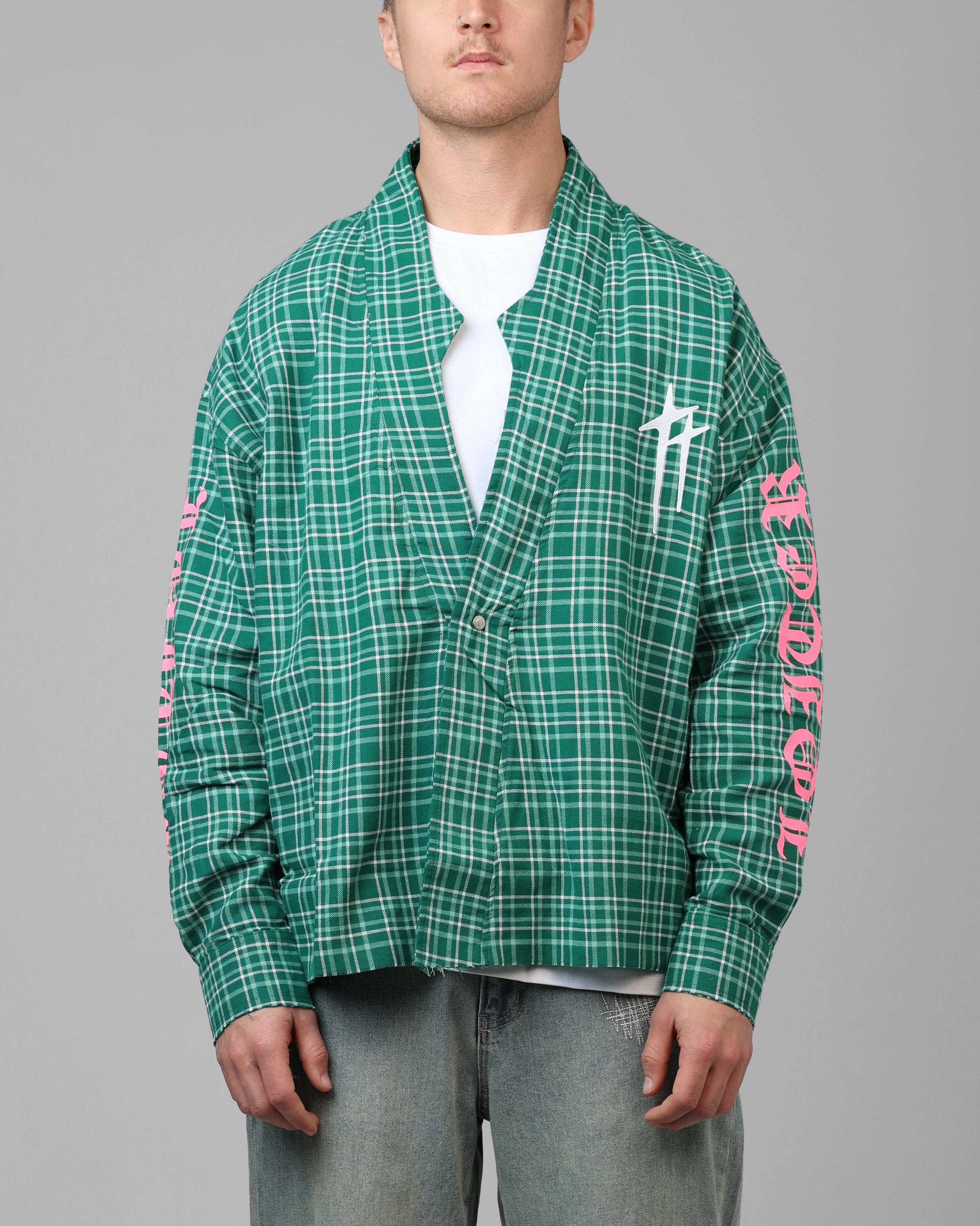 Abrasion Resistant Zippers Round-neck Loiter Kimono Flannel Green