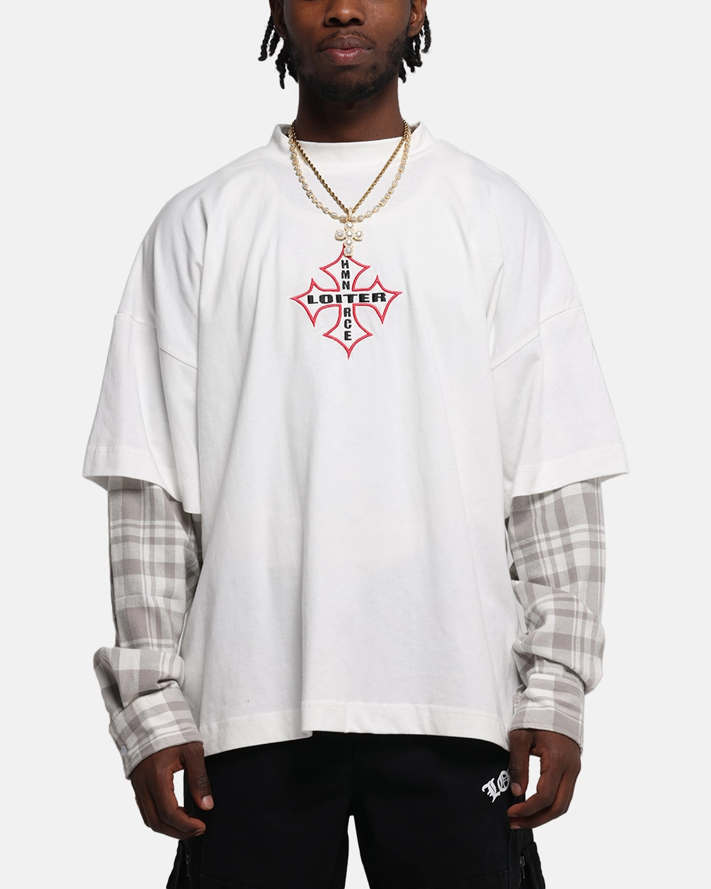 Taped Neckline Loiter Layered Flannel T-Shirt Cream