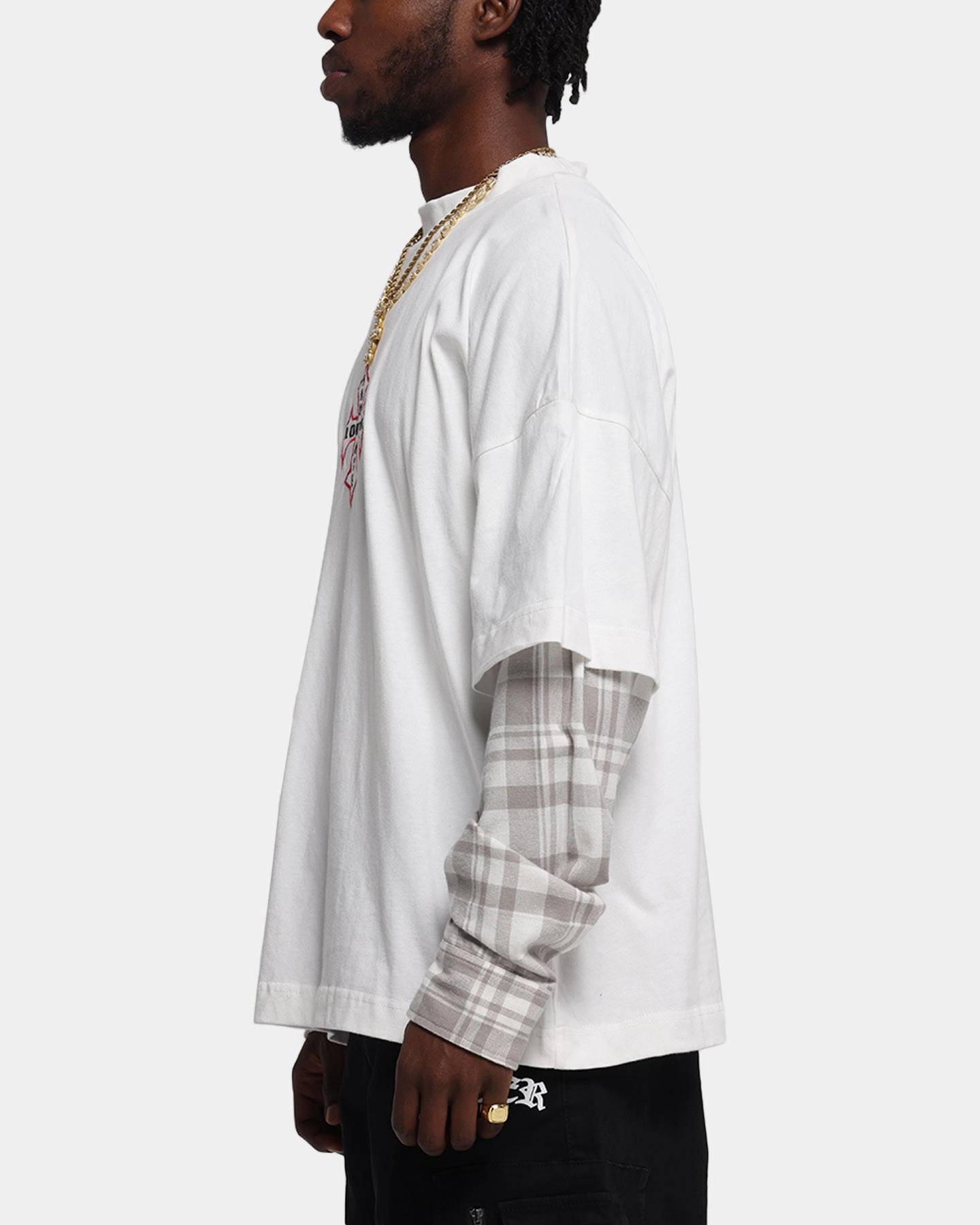 Loiter Layered Flannel T-Shirt Cream Street Style