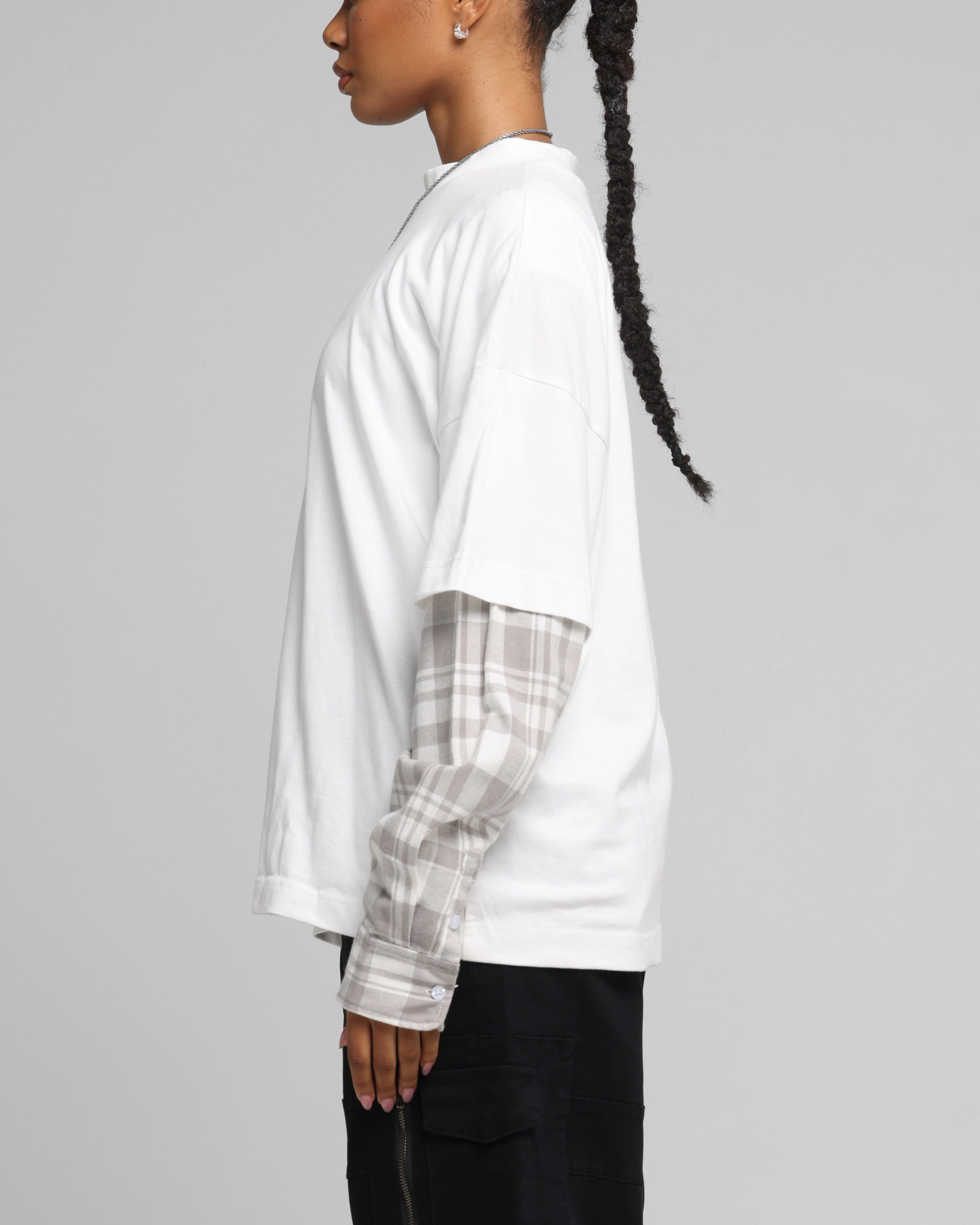 Loiter Layered Flannel T-Shirt Cream Raw Edge Hem Active Style