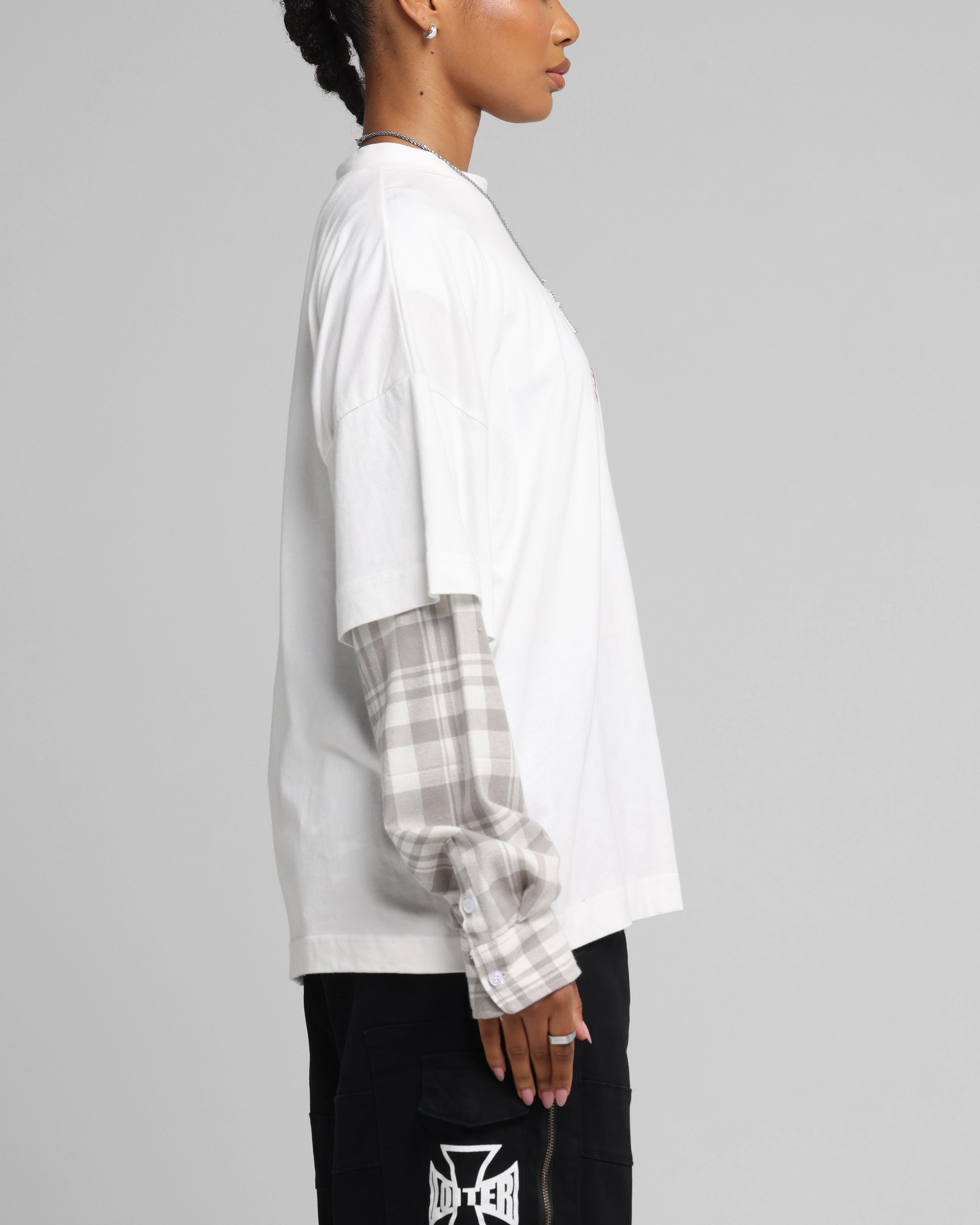 Loiter Layered Flannel T-Shirt Cream Flexible Weave Fashion Comfort