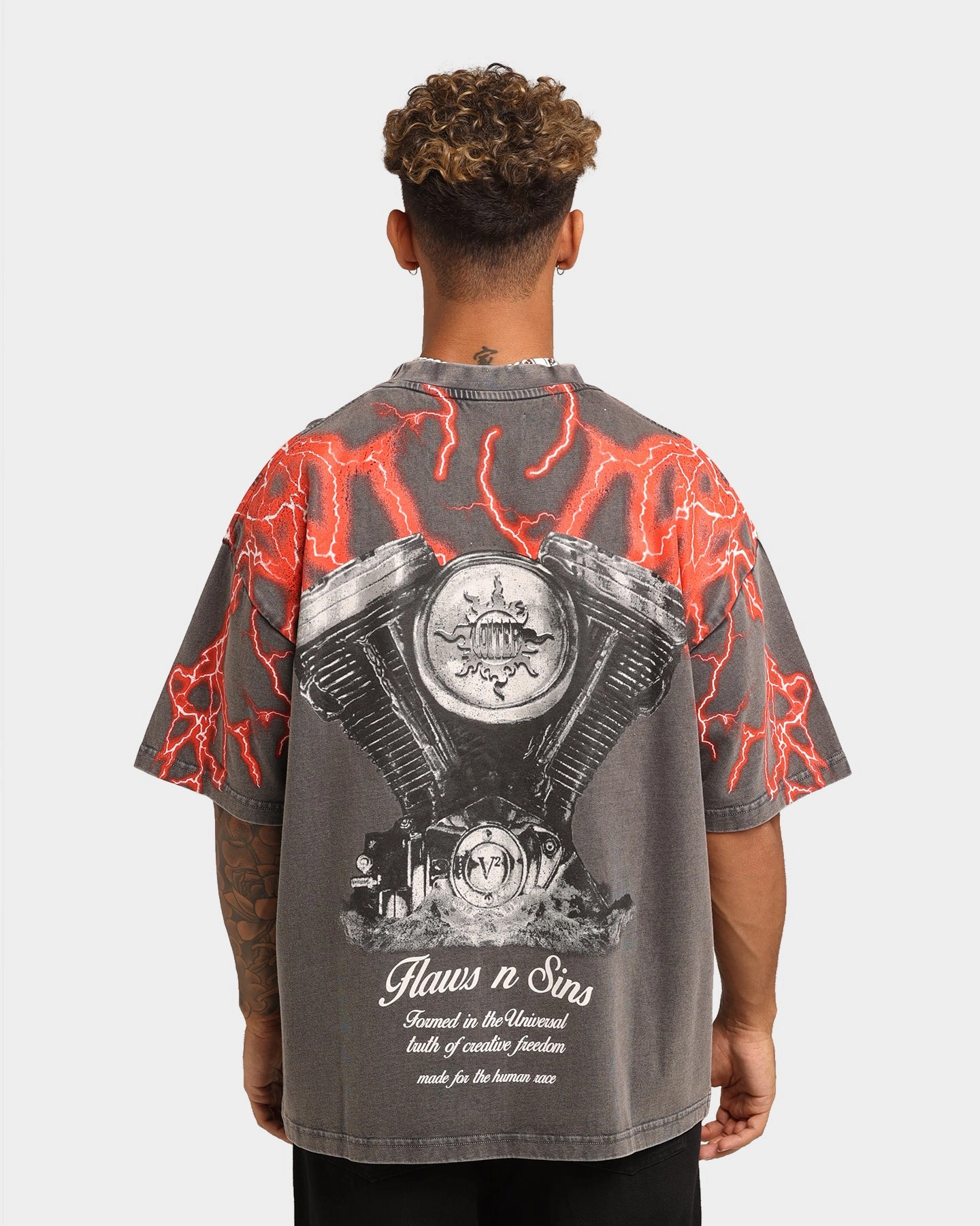 Loiter Lightning Motor Vintage T-Shirt Charcoal/Red Premium Cotton