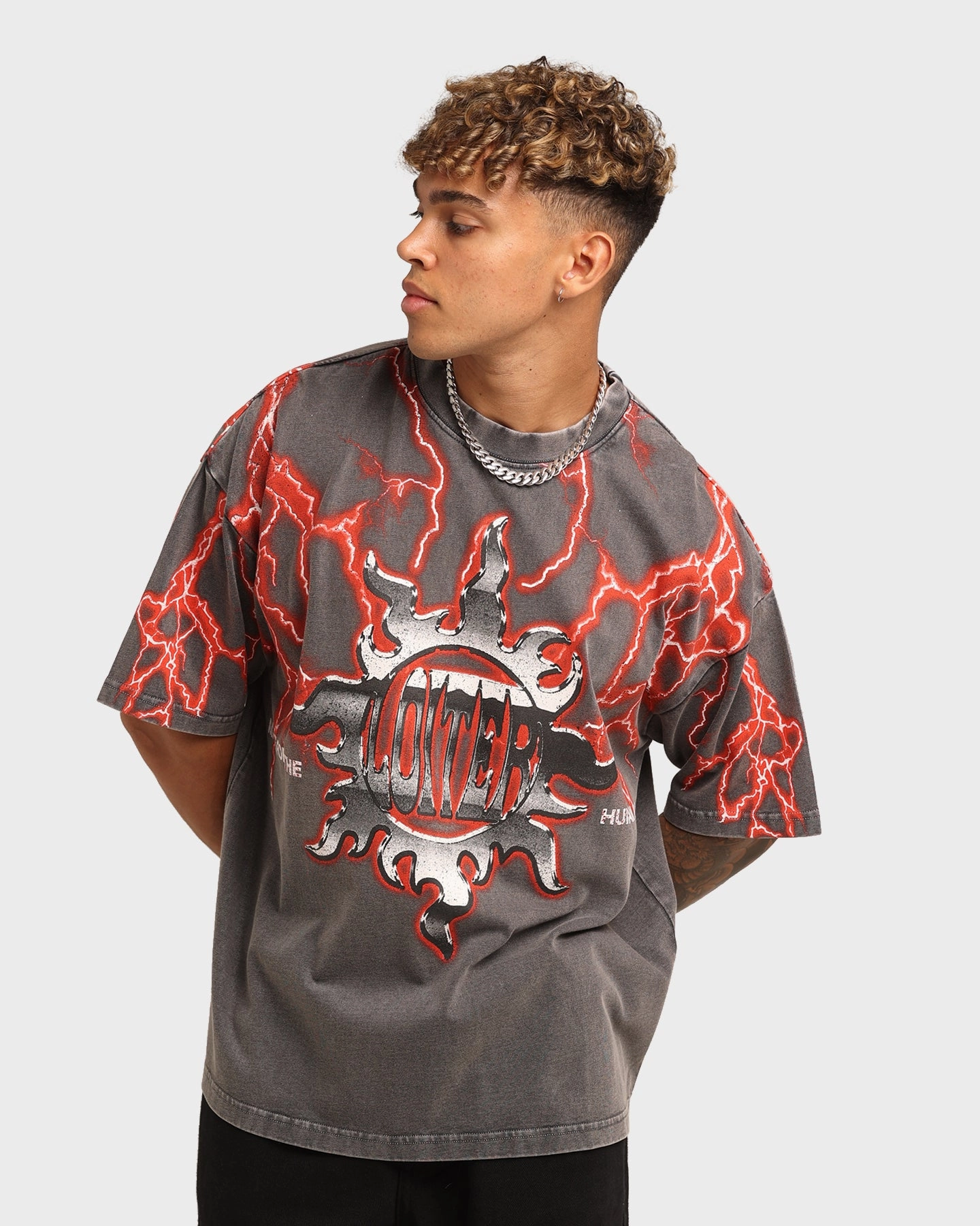 Loiter Lightning Motor Vintage T-Shirt Charcoal/Red timeless