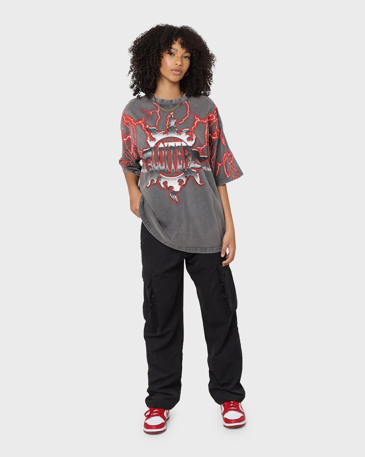 Loiter Lightning Motor Vintage T-Shirt Charcoal/Red Trendy Vibes City Casual