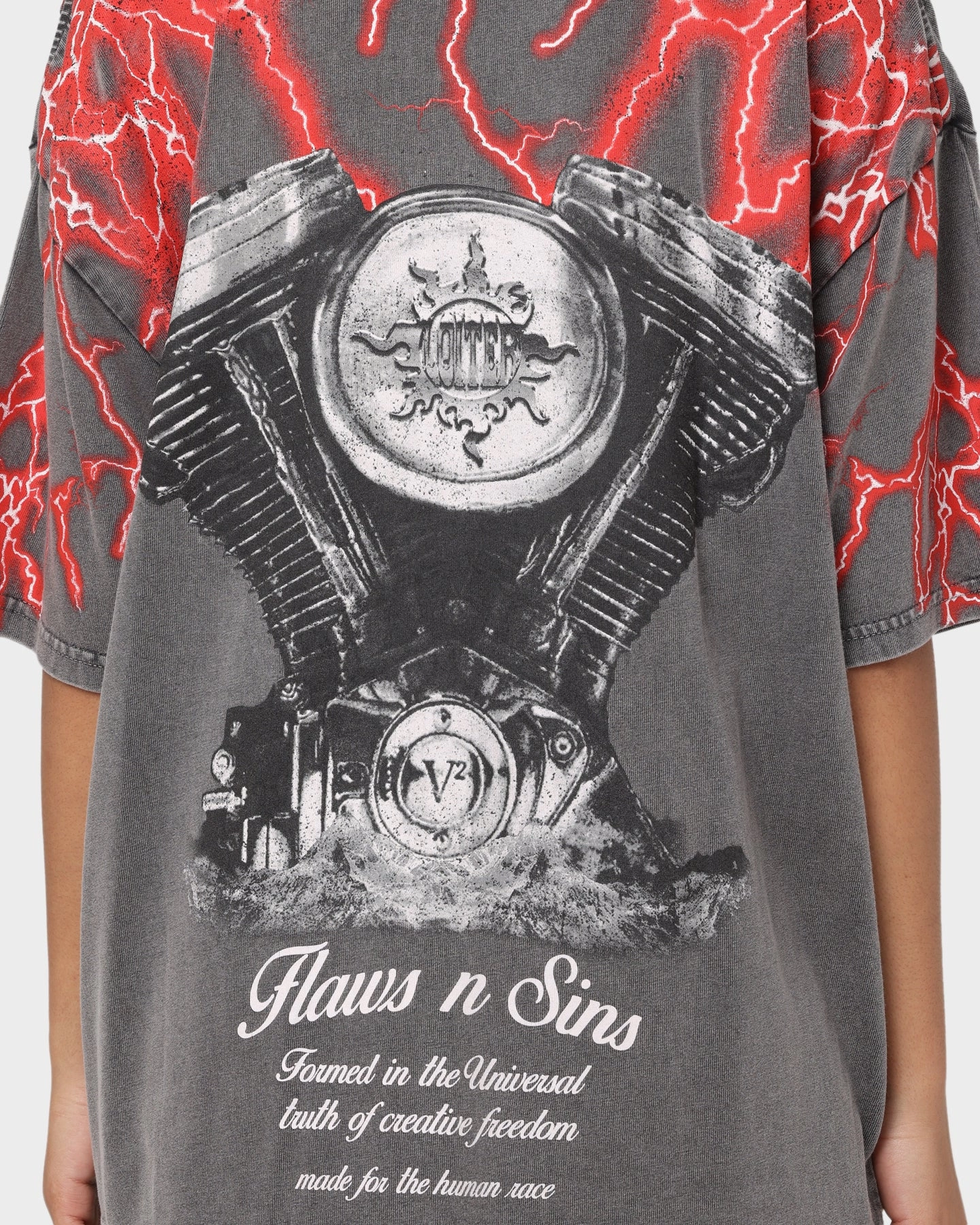 Loiter Lightning Motor Vintage T-Shirt Charcoal/Red Everyday Fashion Look