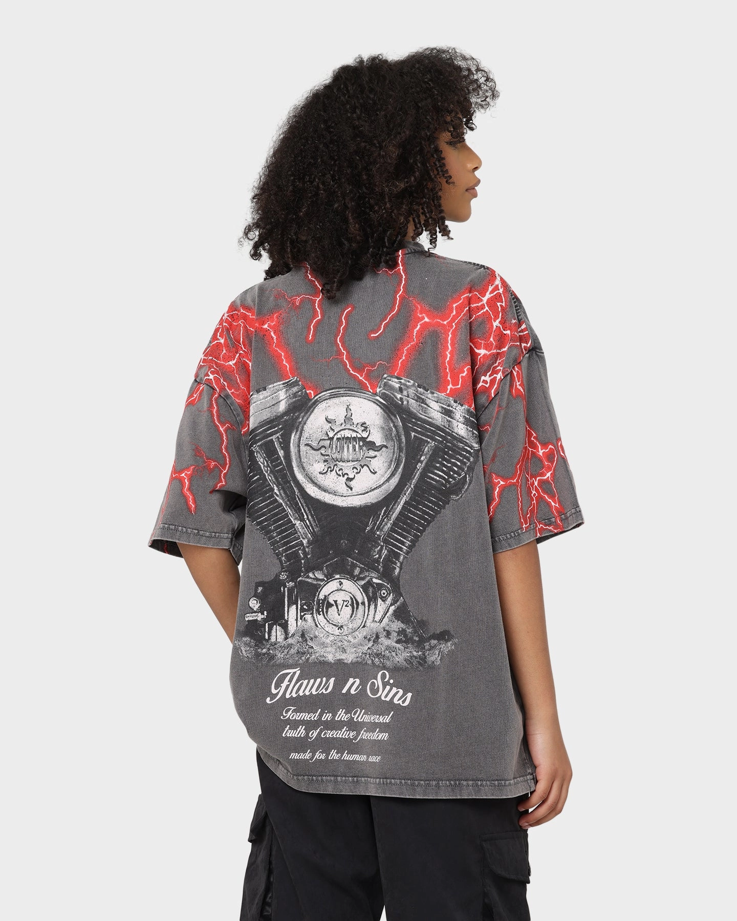 Loiter Lightning Motor Vintage T-Shirt Charcoal/Red ComfortFirst