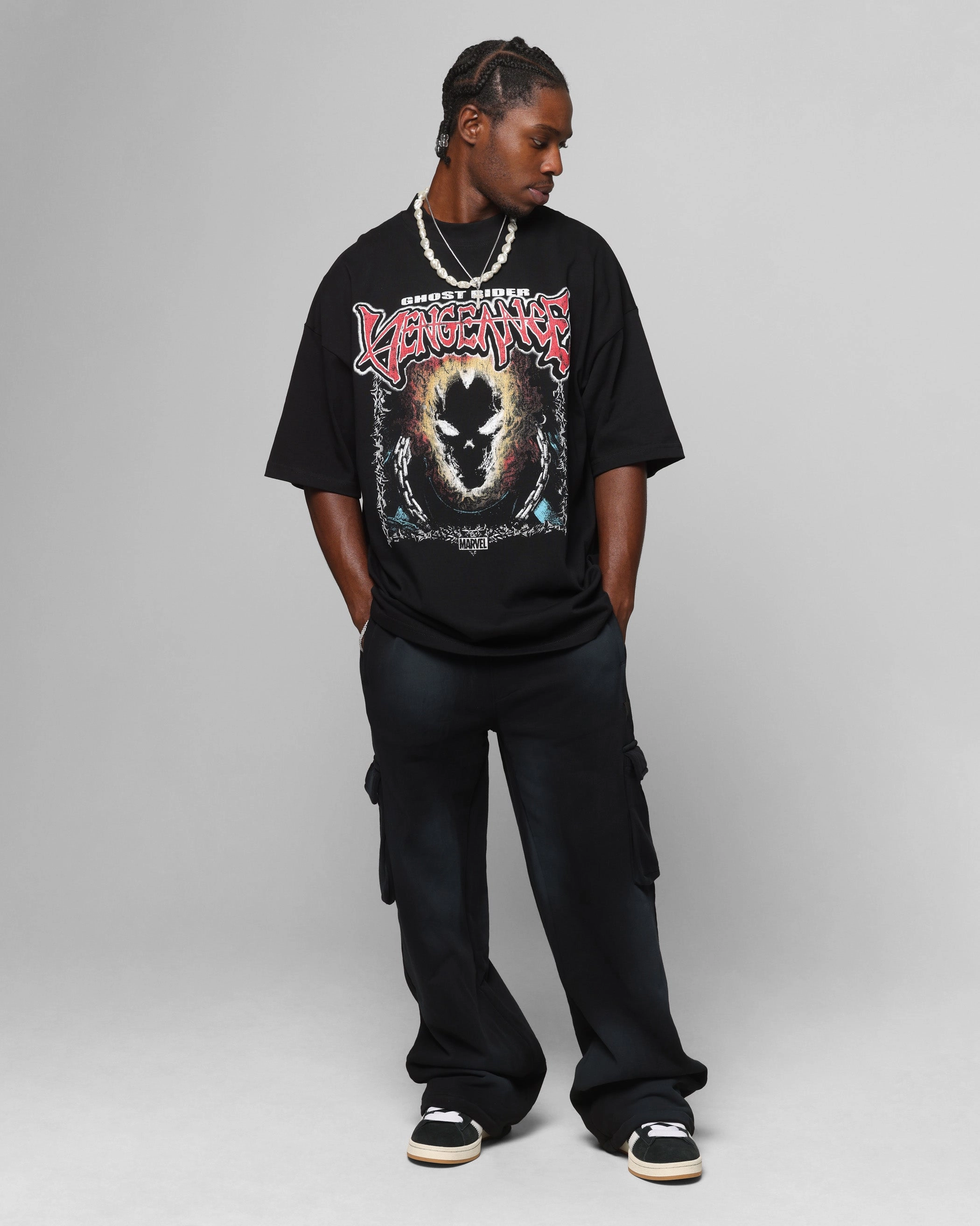 Slim Fit Cut Loiter Marvel Ghost Rider Mock Neck T-Shirt Black