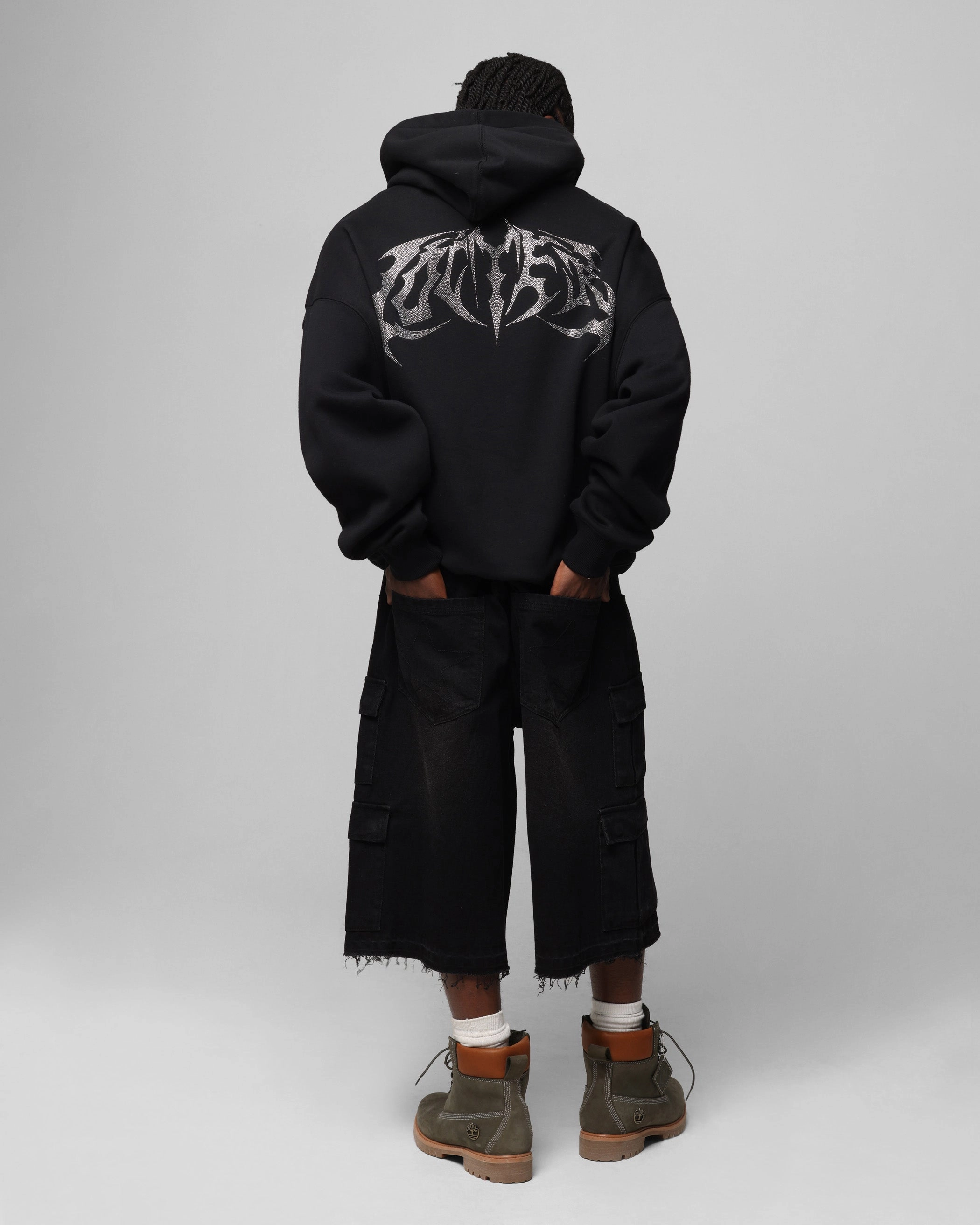 Loiter Metal Rhinestone Hoodie Black Rugged Comfort FoldableDesign