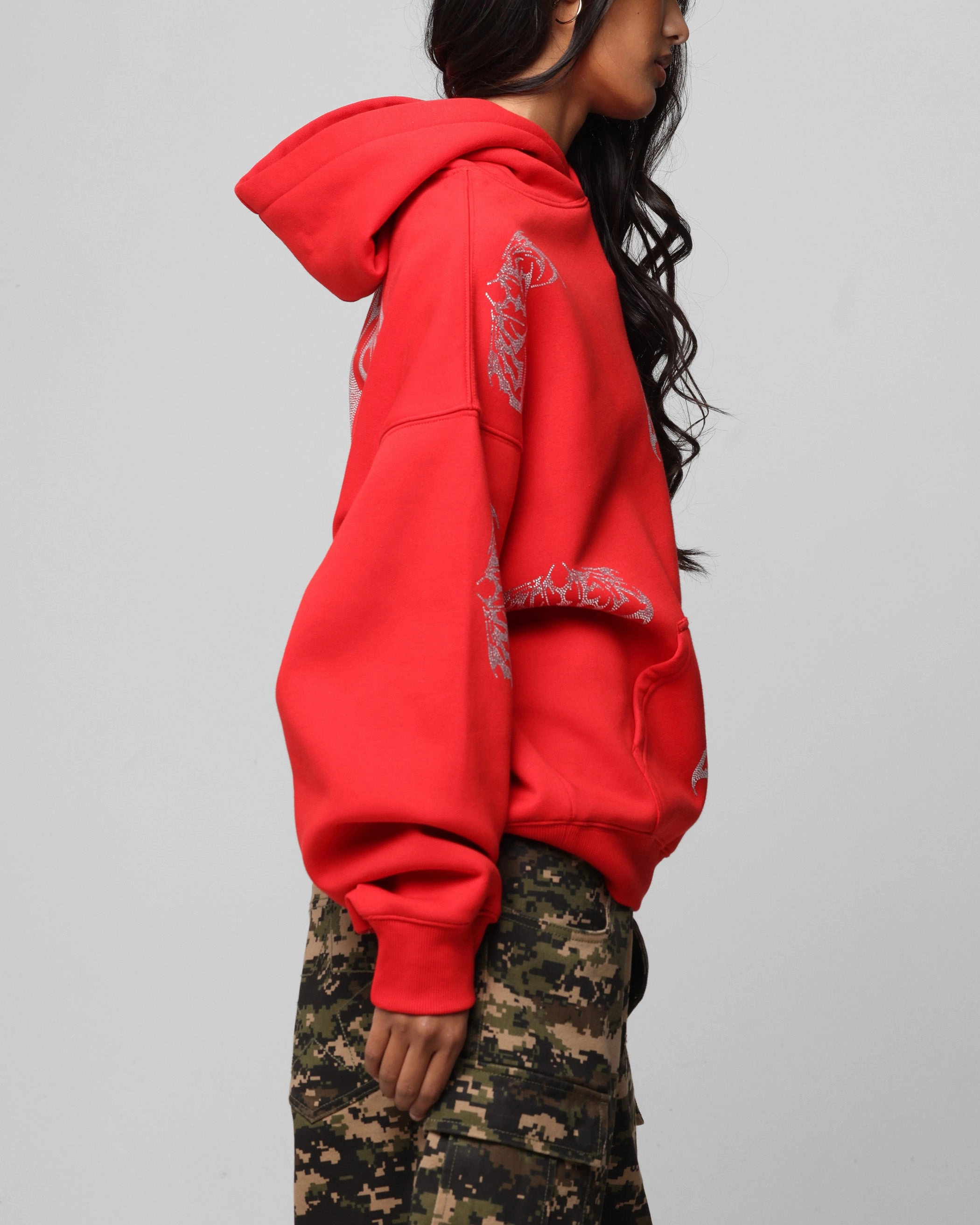 Mascara Classic Fit Loiter Metal Rhinestone Hoodie Red