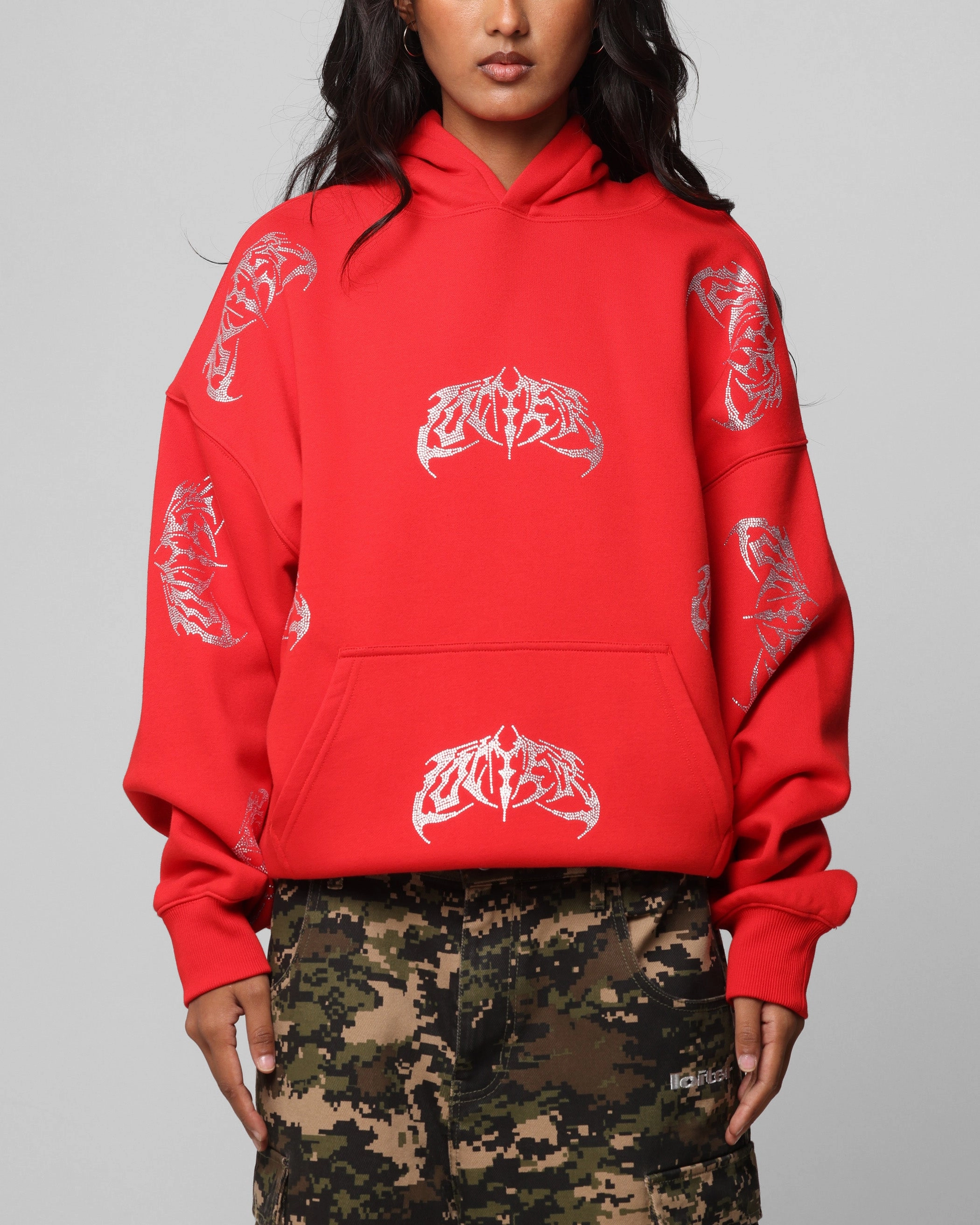 Loiter Metal Rhinestone Hoodie Red Puncture Resistant Material