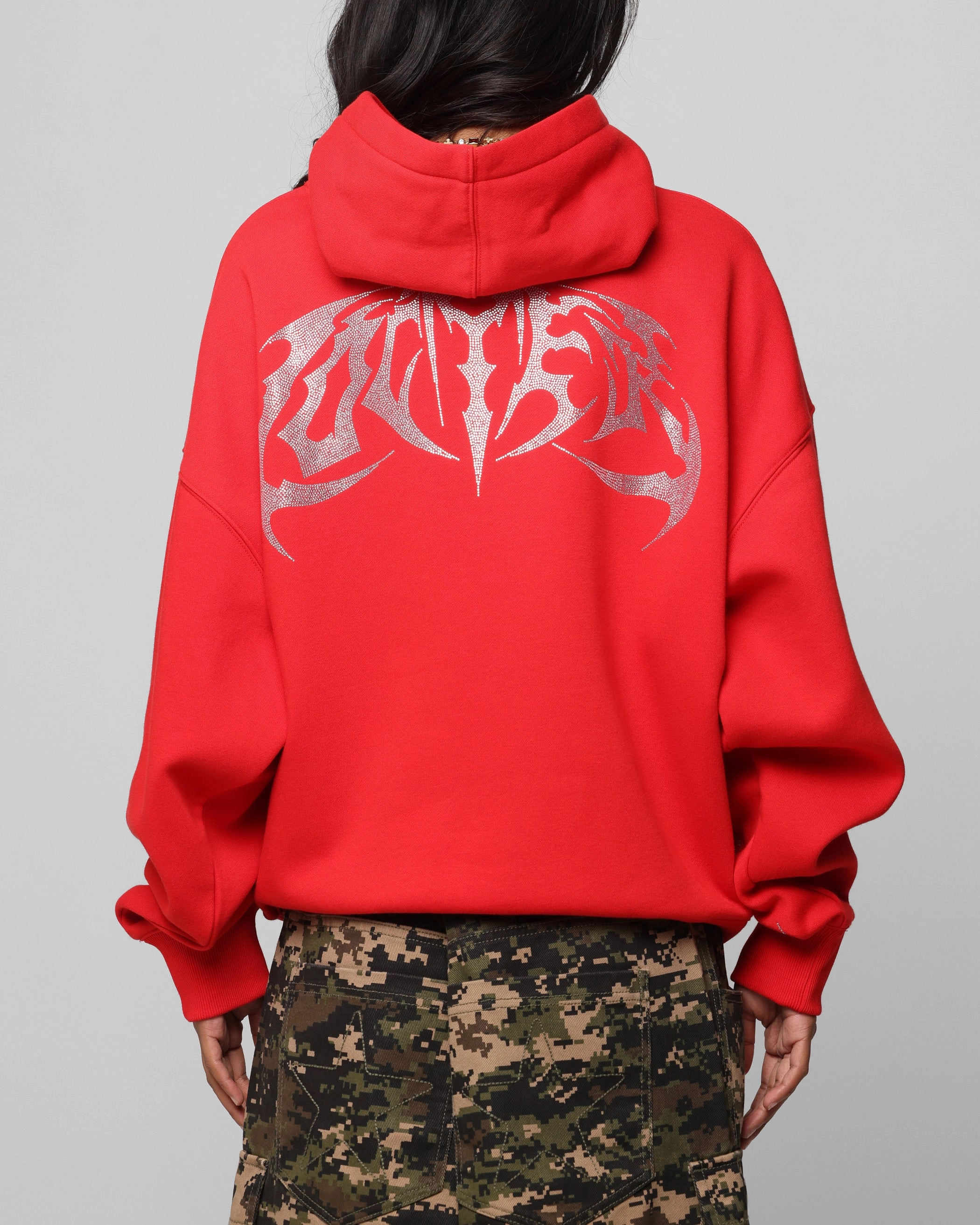 Daily Comfort Loiter Metal Rhinestone Hoodie Red