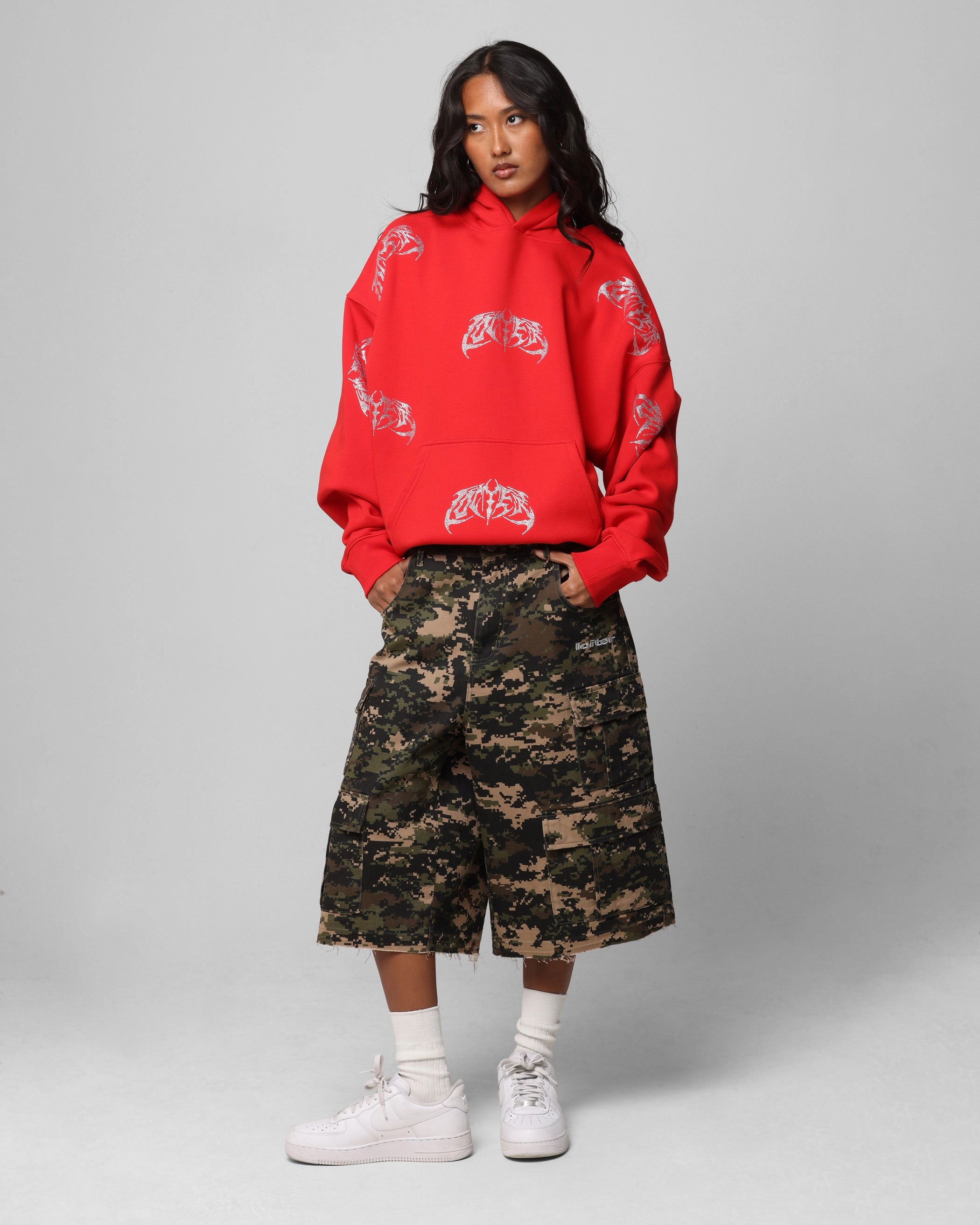 Loiter Metal Rhinestone Hoodie Red full-zip