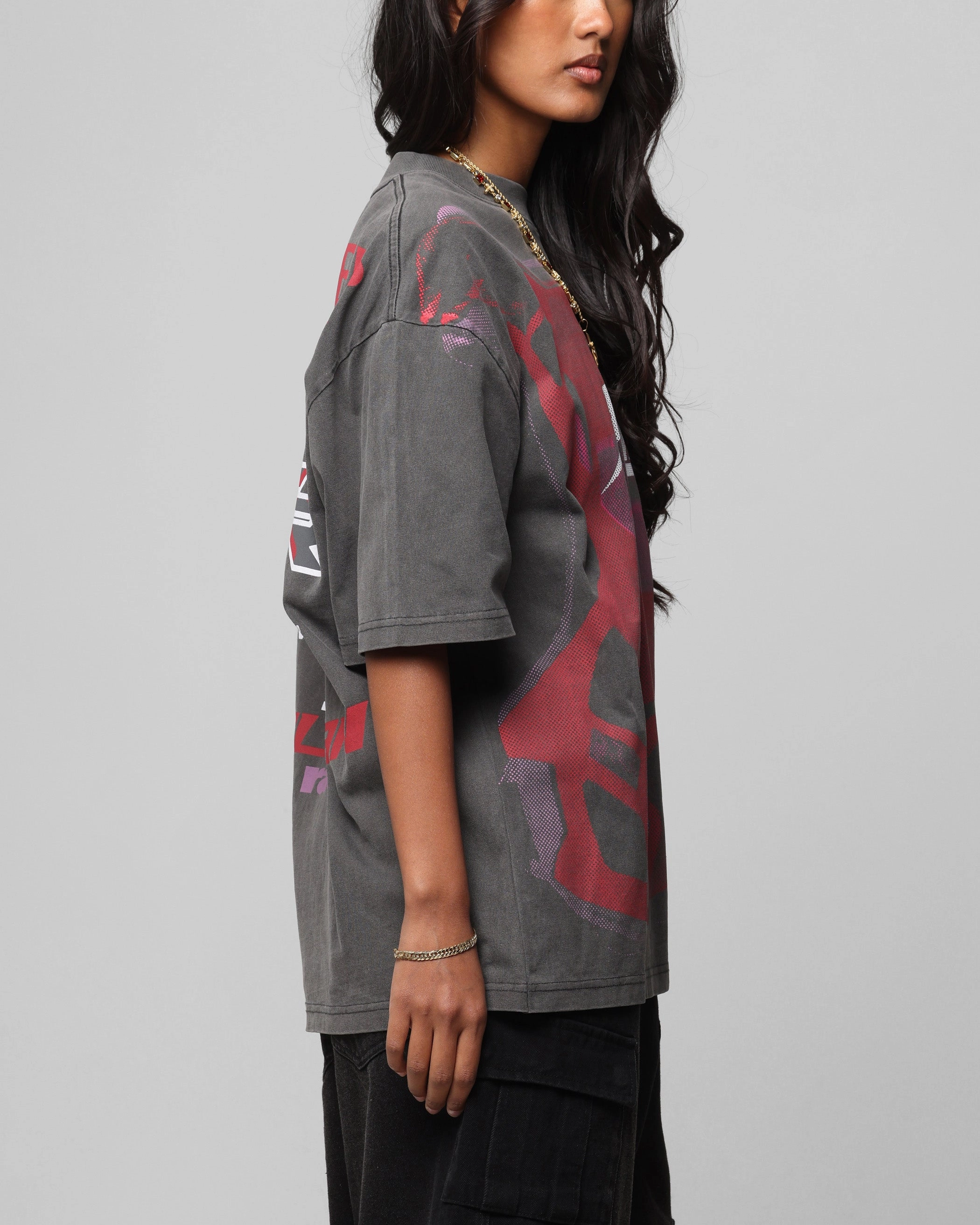 All-Season Comfort Wear Loiter Motocross Vintage T-Shirt Charcoal/Red