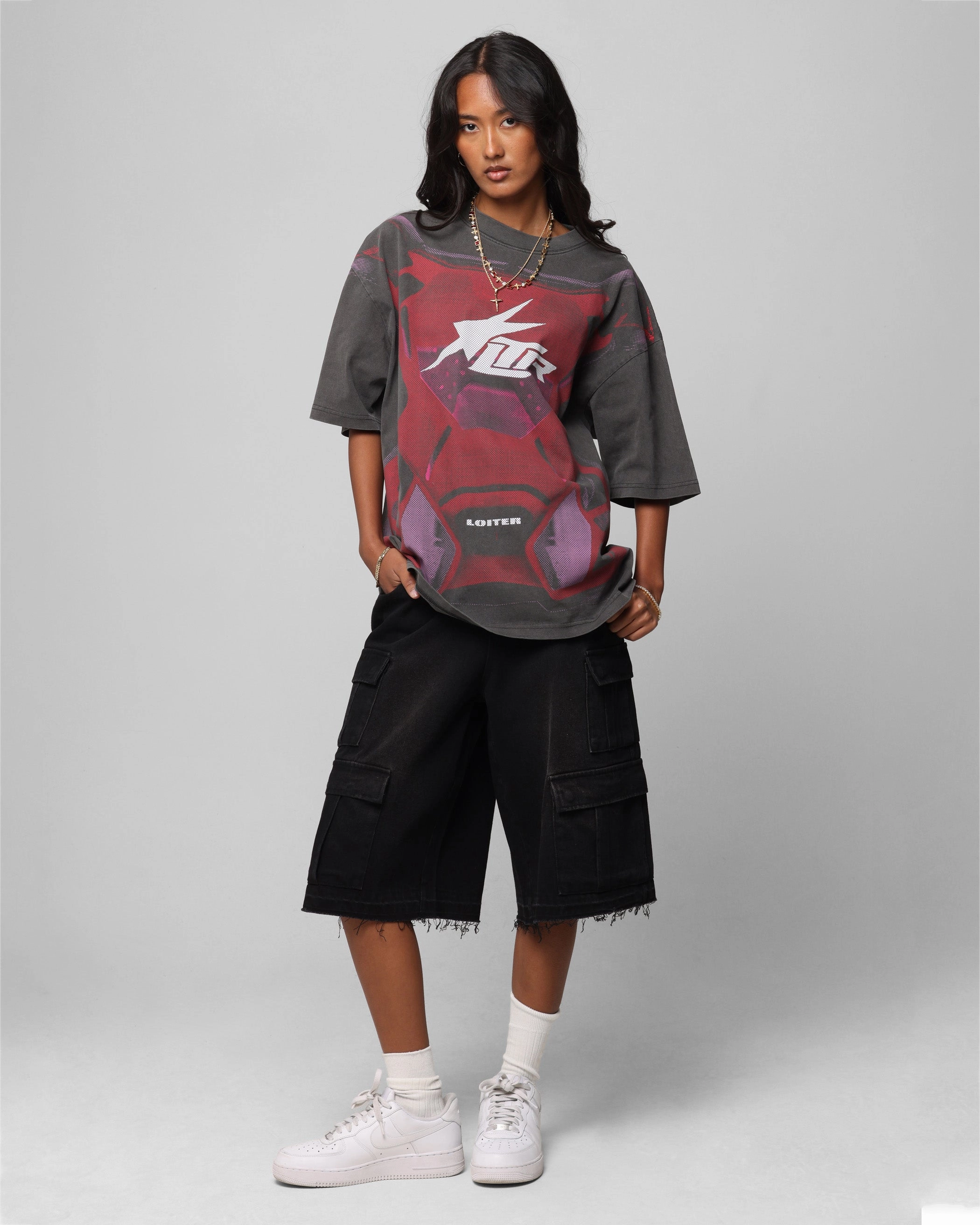 Comfortable And Versatile Loiter Motocross Vintage T-Shirt Charcoal/Red