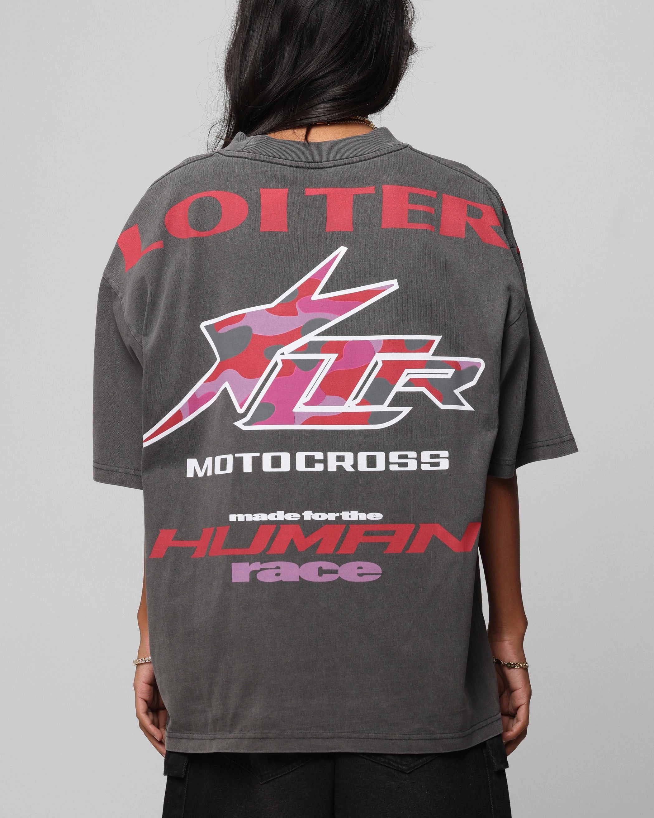 Loiter Motocross Vintage T-Shirt Charcoal/Red Layering Comfort