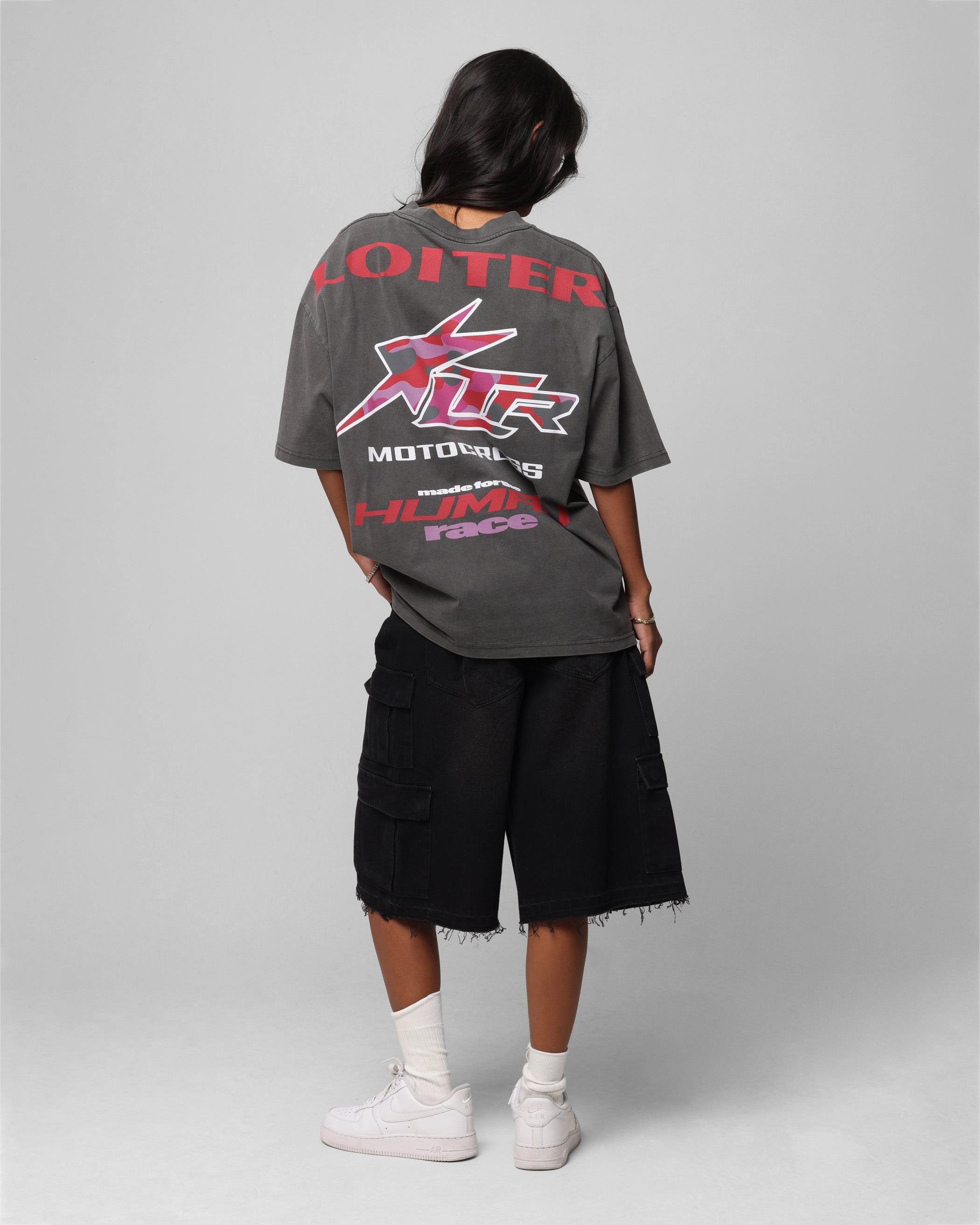 Loiter Motocross Vintage T-Shirt Charcoal/Red Side Vent Design