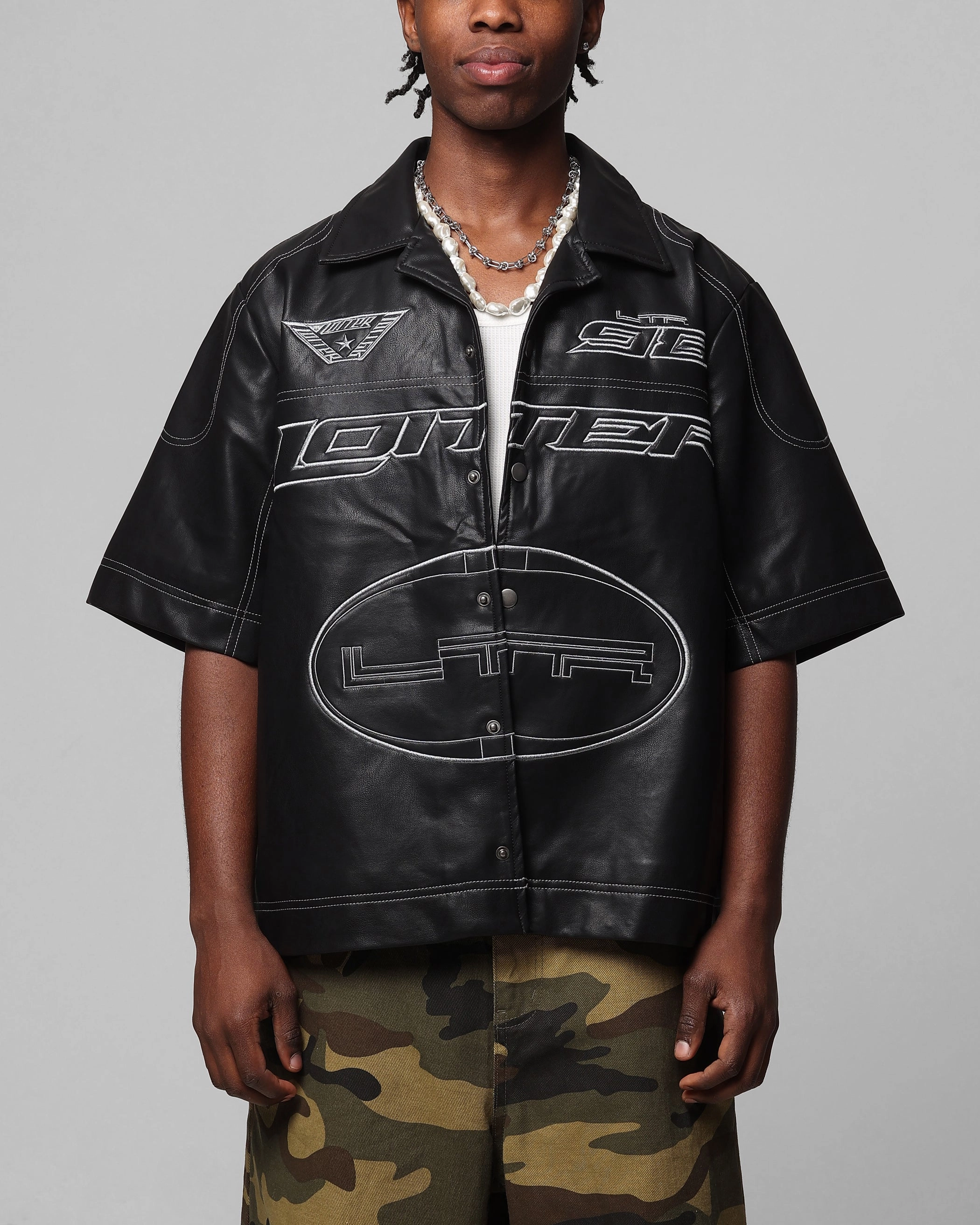 Youthful Vibe Loiter Motor PU Leather Button Up Shirt Black