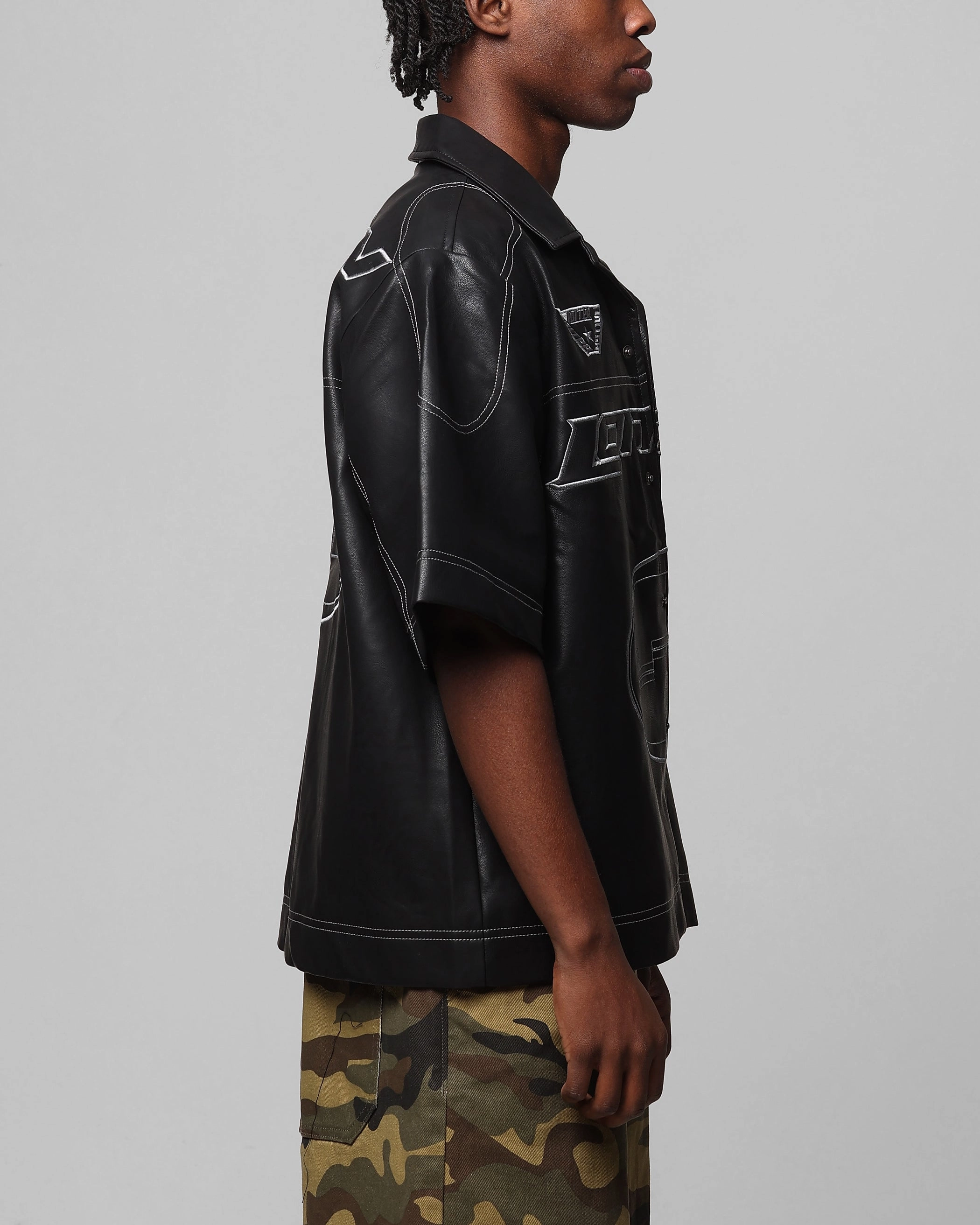 Eco-Friendly Choice Loiter Motor PU Leather Button Up Shirt Black