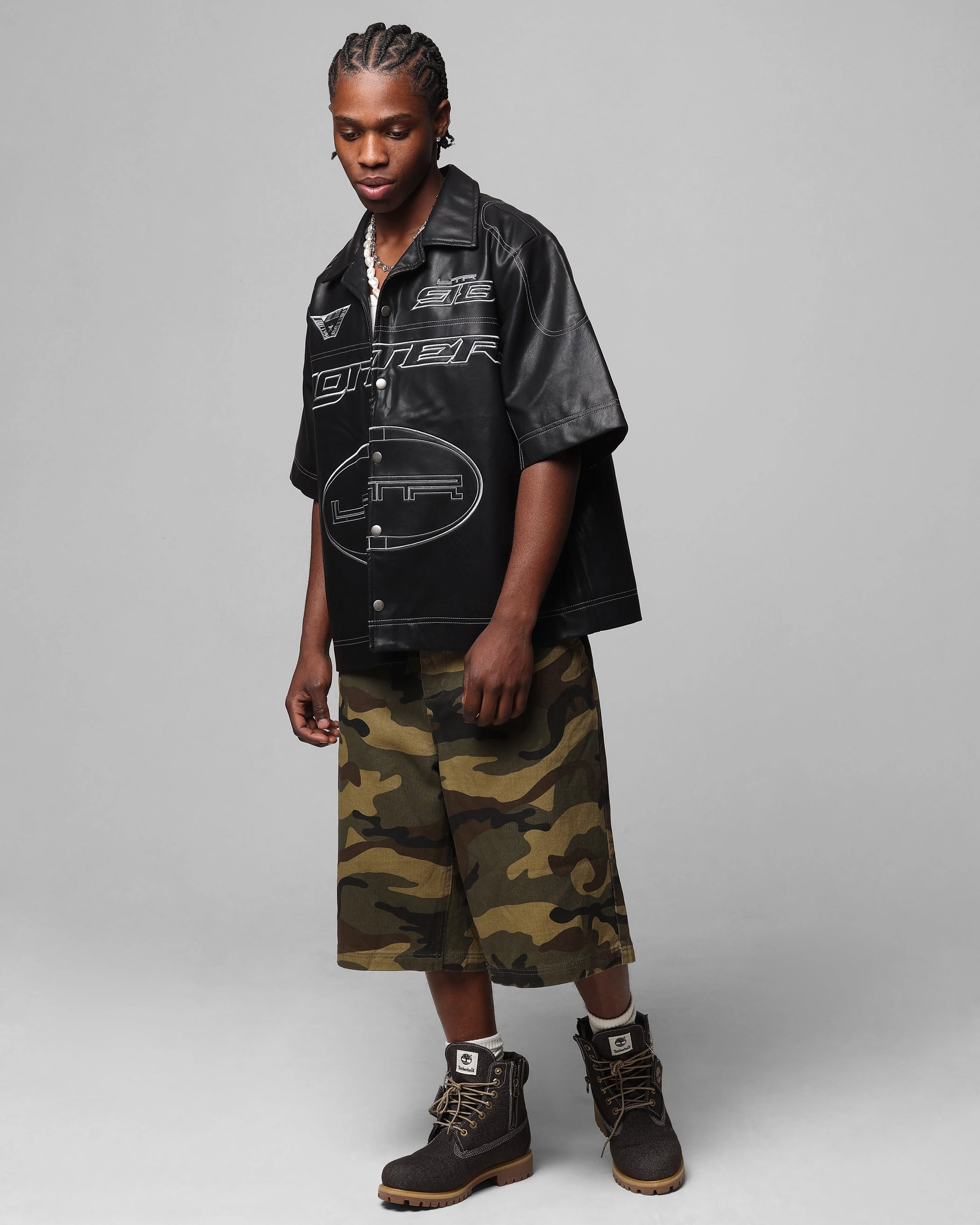 Loiter Motor PU Leather Button Up Shirt Black Ventilated Back