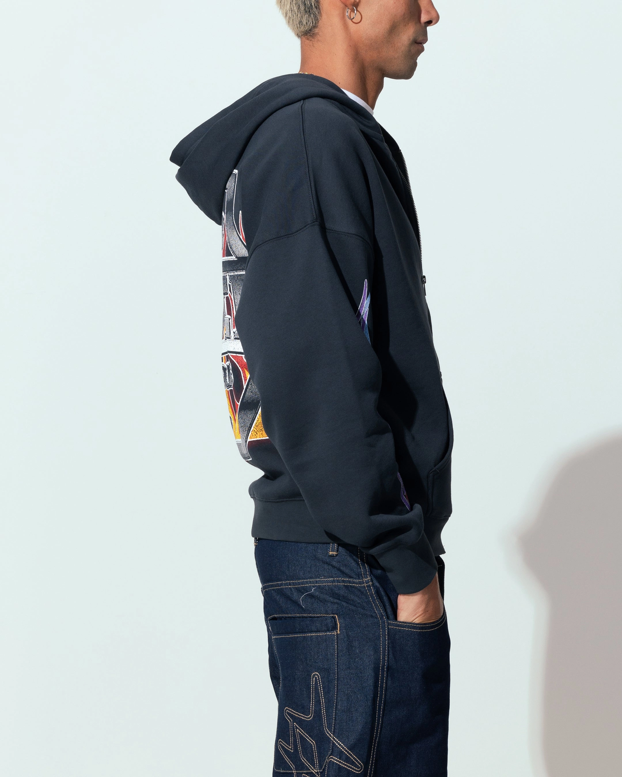 Suitcase Reveal Loiter Motor Zip Hoodie Charcoal