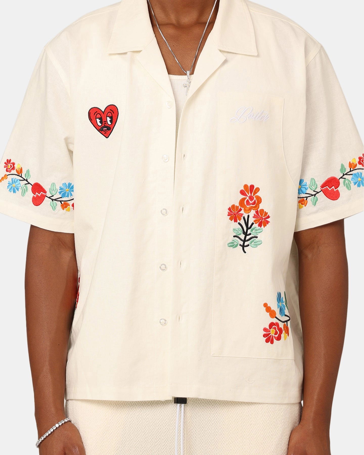 Low Maintenance Chambray Fabric Loiter Oasis Embroidered Button Up Shirt Ecru