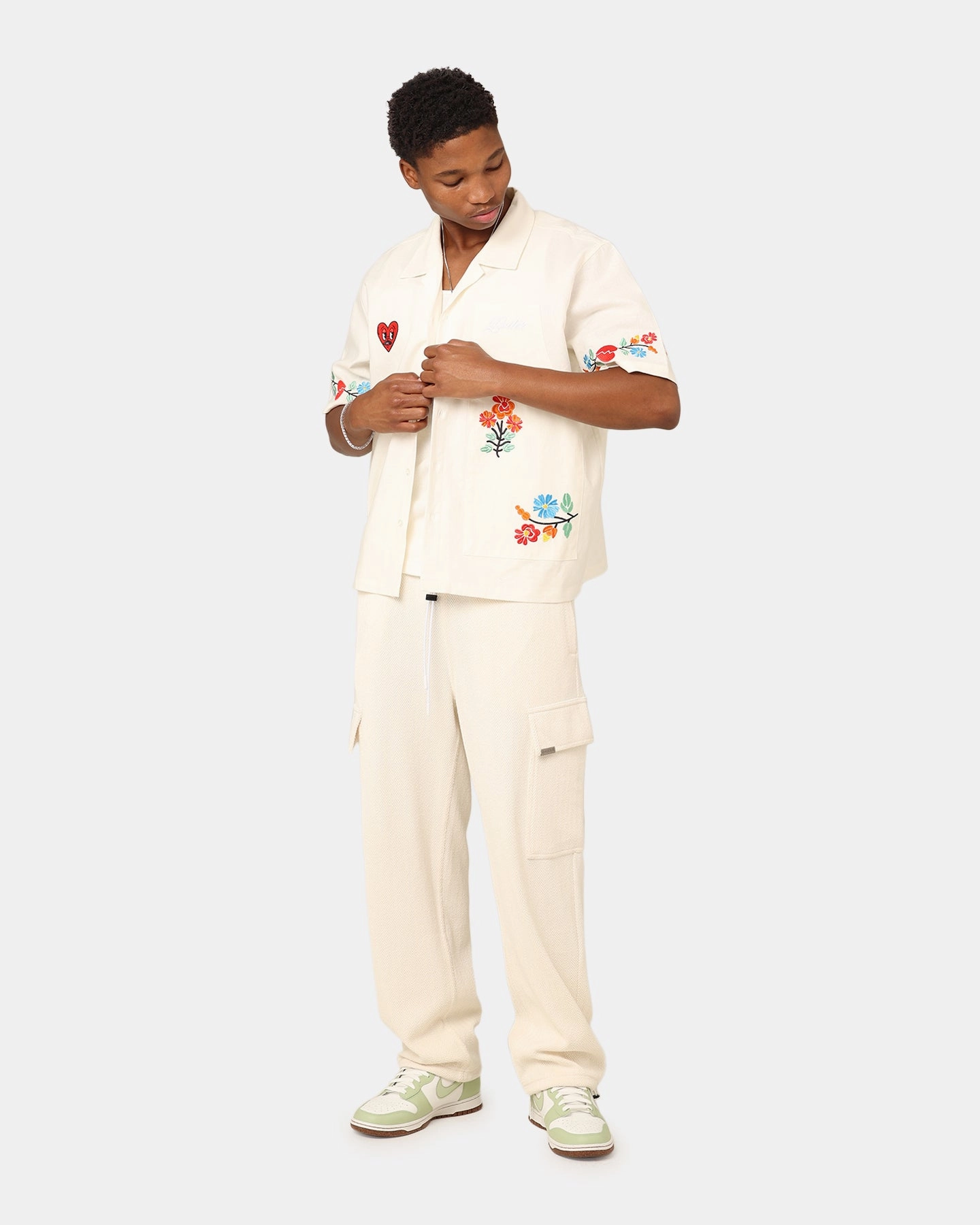 Loiter Oasis Embroidered Button Up Shirt Ecru No Slip Shoulder Grip Rooftop Bar