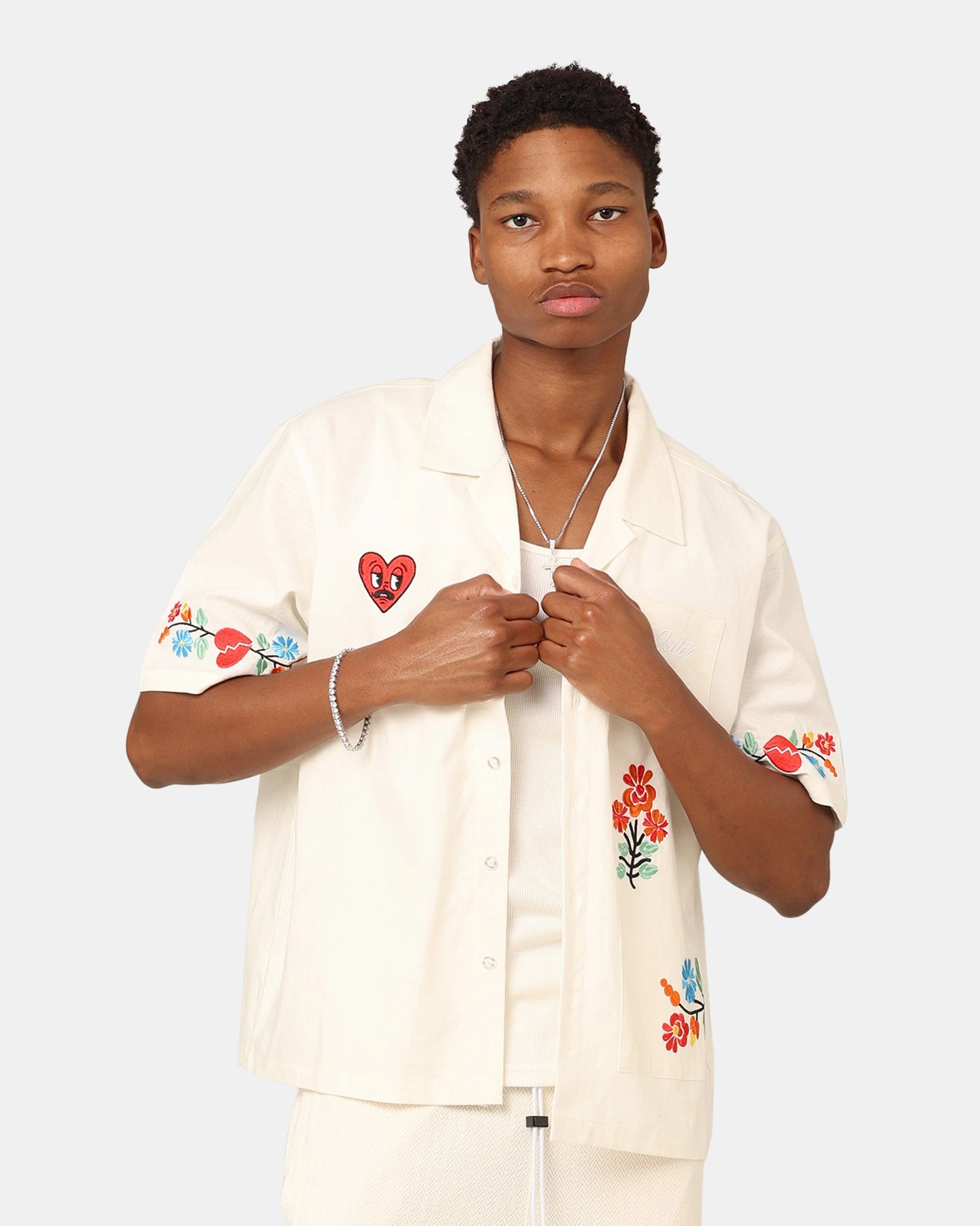 Gift Idea Cultural Inspired Loiter Oasis Embroidered Button Up Shirt Ecru