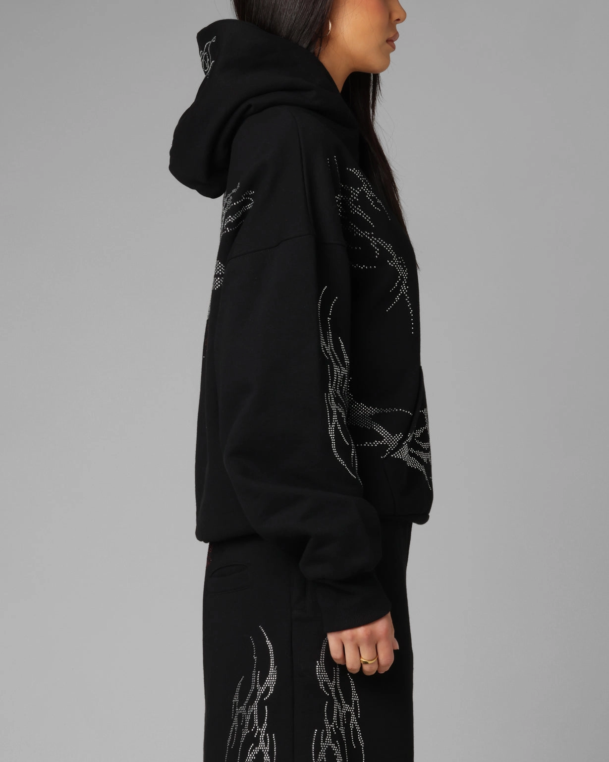 window - shopping suitable for formal meetings Loiter Opaque Rhinestone Premium Hoodie Black