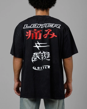 Elegant Detail Loiter Pain Vintage T-Shirt Black Acidwash